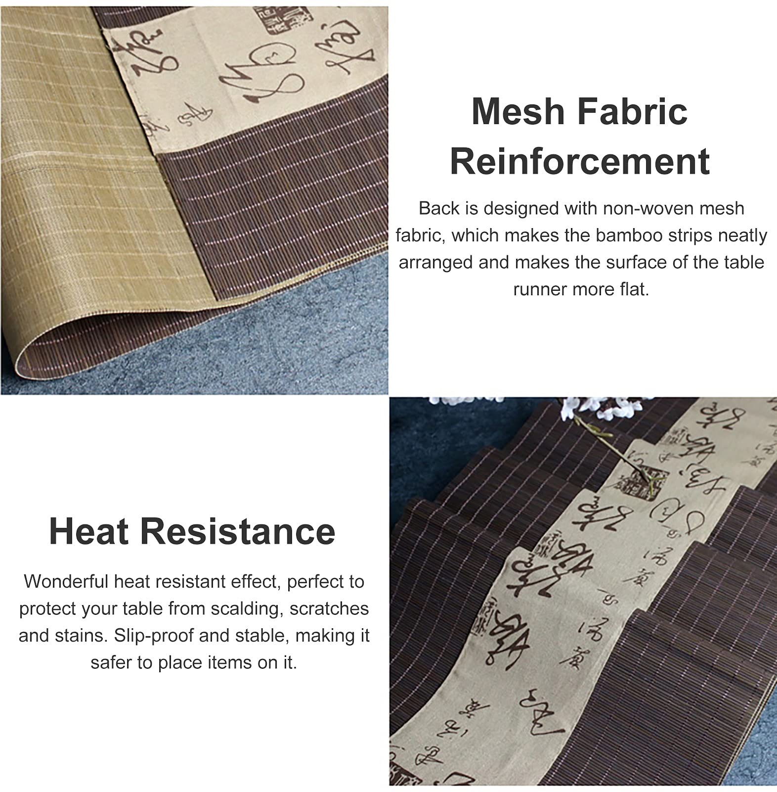 Chemin de table en bambou naturel, Chemin de Table en bambou antidérapant, tapis de salle à manger faits à la main avec décoration en tissu imprimé, facile à nettoyer et dessous de verre(Coffee,12" x
