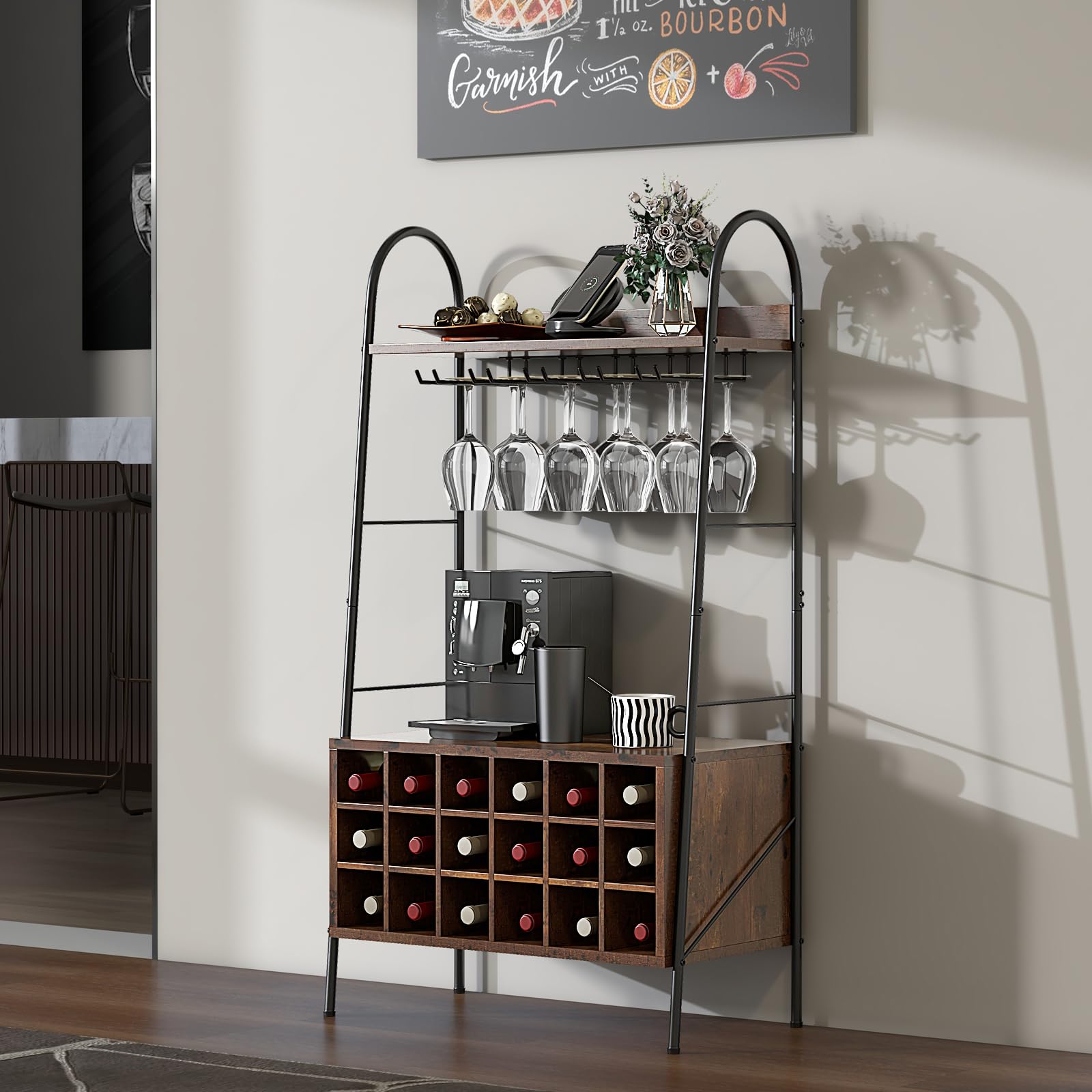 COSTWAY Mobiletto Portabottiglie da Vino, Mobile Bar Vino con Ripiani di Stoccaggio, 5 File di Portabicchieri e 18 Scomparti per Vino, per Soggiorno Cucina, Bar, 63 x 32 x 114,5 cm