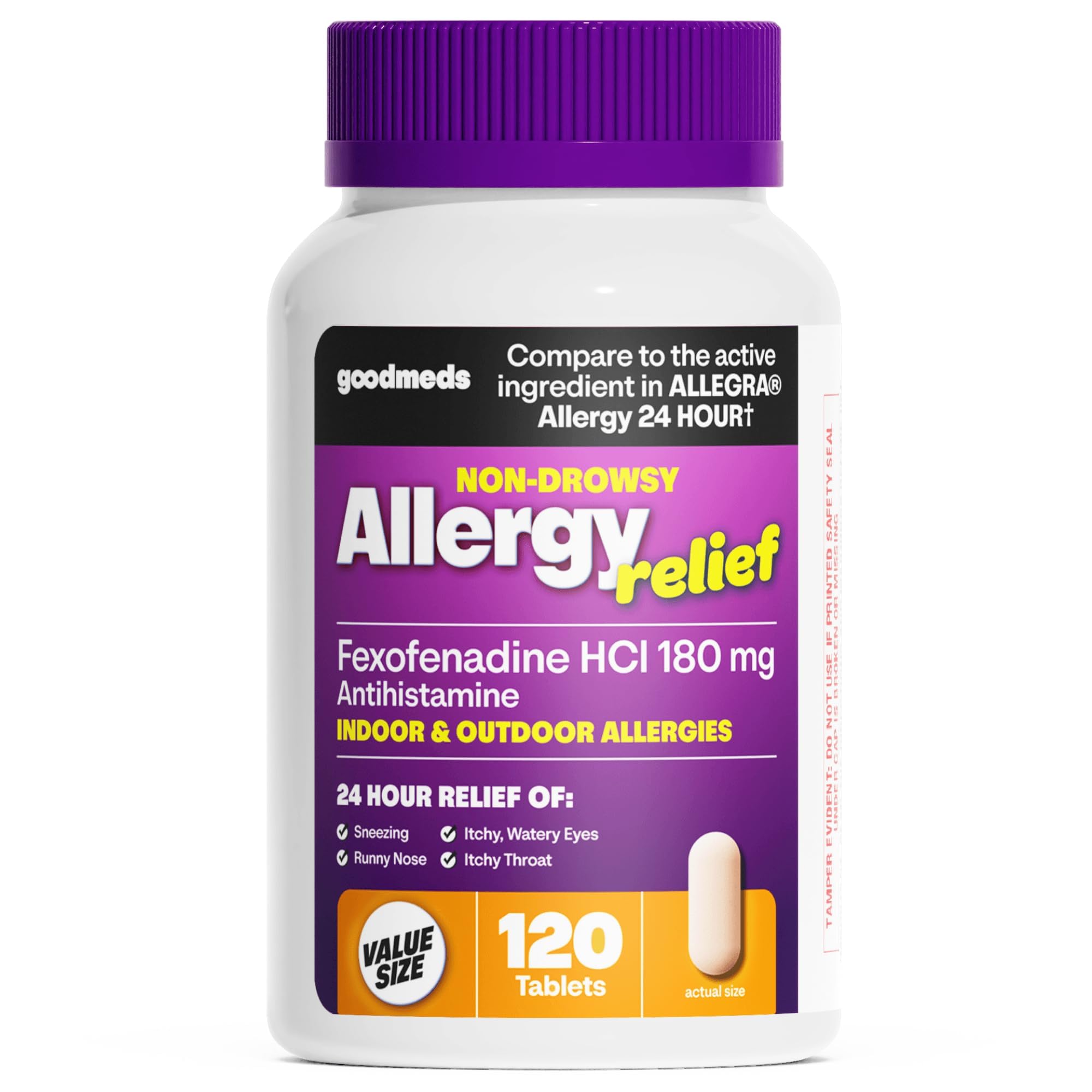 Compare to Allegra | Fexofenadine HCl 180mg | 24-Hour Allergy Relief, Non-Drowsy Antihistamine Generic Medicine for Allergies, Hay Fever, Itchy Eyes | for Kids & Adults (120 Count)