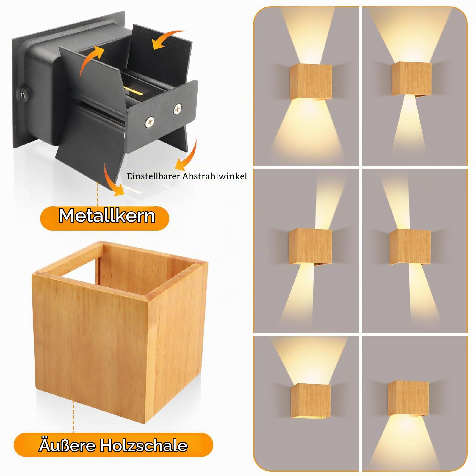 2 Stück Wandlampe Holz LED Wandleuchte Innen Vintage 8W Warmweiß 3000K | Einstellbar Abstrahlwinkel Up & Down Leuchten Wandbeleuchtung Wandlichter für Wohnzimmer Flur Treppenhaus Schlafzimmer
