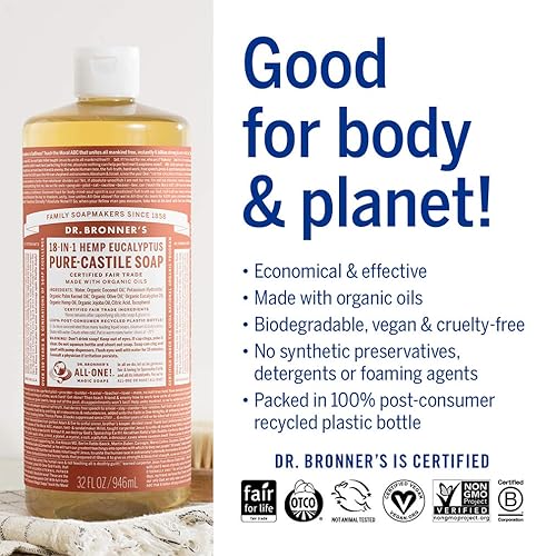 Miniatura 9 de Dr. Bronner's - Jabón líquido de castilla pura (Eucalipto, 2 onzas) - Hecho con aceites orgánicos, usos 18 en 1: cara, cuerpo, cabello, lavandería,