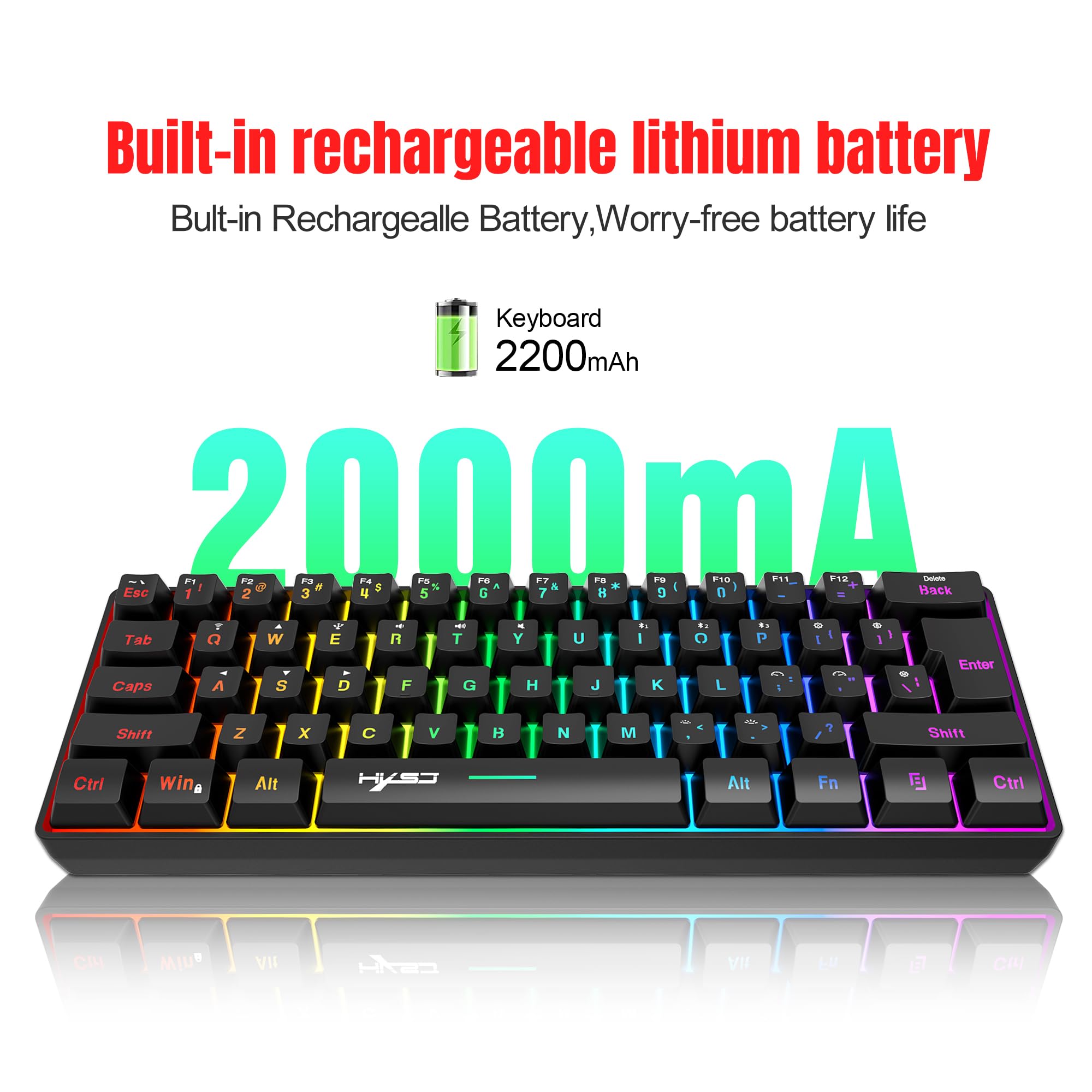 Tastiera Wireless Gaming, 61 Tasti Bluetooth 5.0 + 2.4G Dual-Mode Tastiera Retroilluminata Arcobaleno Ergonomica Piccola al 60% con Batteria Ricaricabile per Windows Mac PC PS4 Gamer, Bianca