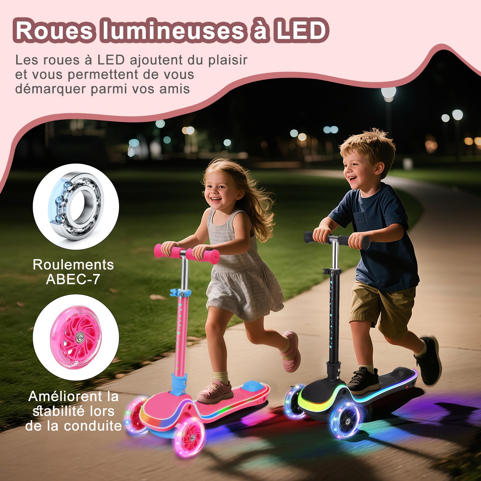 Trotinette Enfant 3 Roues de 2 à 10 Ans, Trottinette avec Siège 2 en 1, Trottinette Pliable avec Guidon Réglage en Hauteur et Roues LED, Scooter Antidérapant pour Filles et Garçons