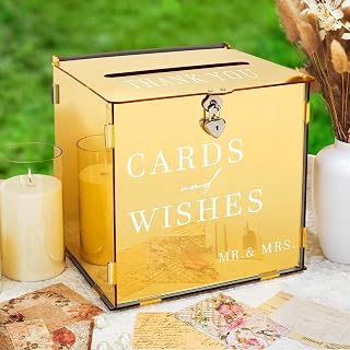 Acrylic Gold Card Box with Slot & Lock, Metallic Golden Classy Wedding Card Boxes for Reception, Large Money Gift Cards Box for Party Engagement Bridal Shower Luxury Wedding Table Decor