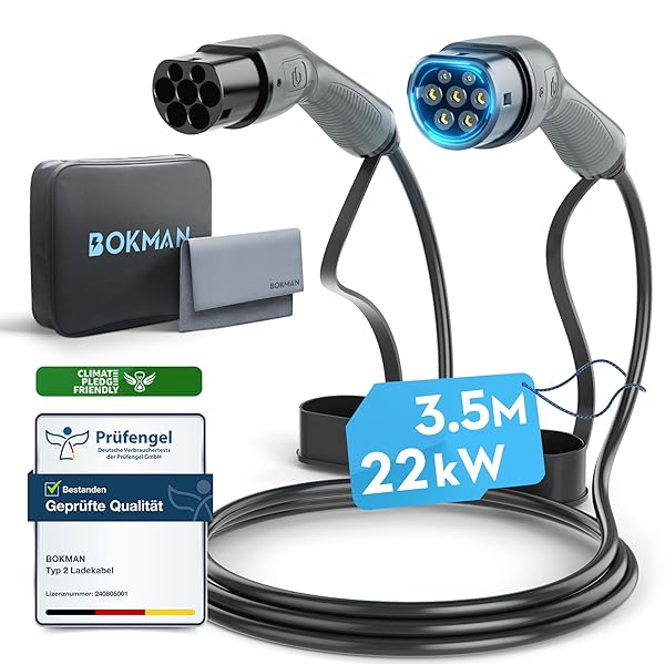 bokman EV Charging Cable Type 2, 22 kW / 32 A / 3 Metres / Mode 3, Plug-in Hybrid Quick Charging Cable for Electric Vehicle Type 2 to Type 2
