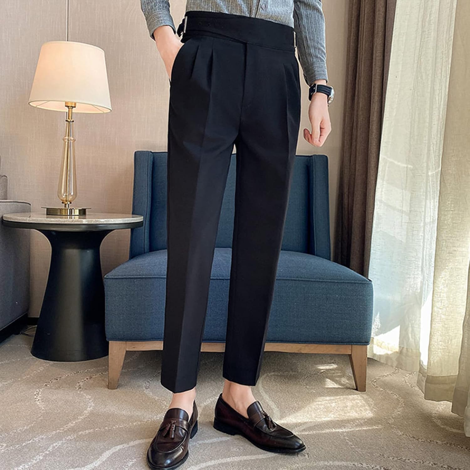 DGHM-JLMY Men Fold Pleated Crop Suit Pants Casual Comfortable High Waist Trousers Work Office Business Trousers with Pockets