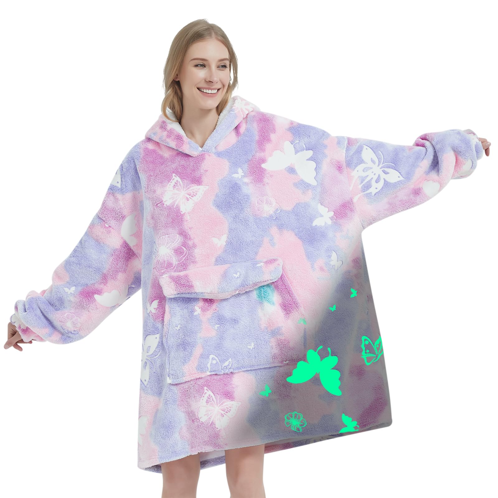 Glow in The Dark Butterfly Wearable Blanket Hoodie for Adults, Oversized Sherpa Fleece Blanket Hoodie for Women, Birthday Gifts — image 1
