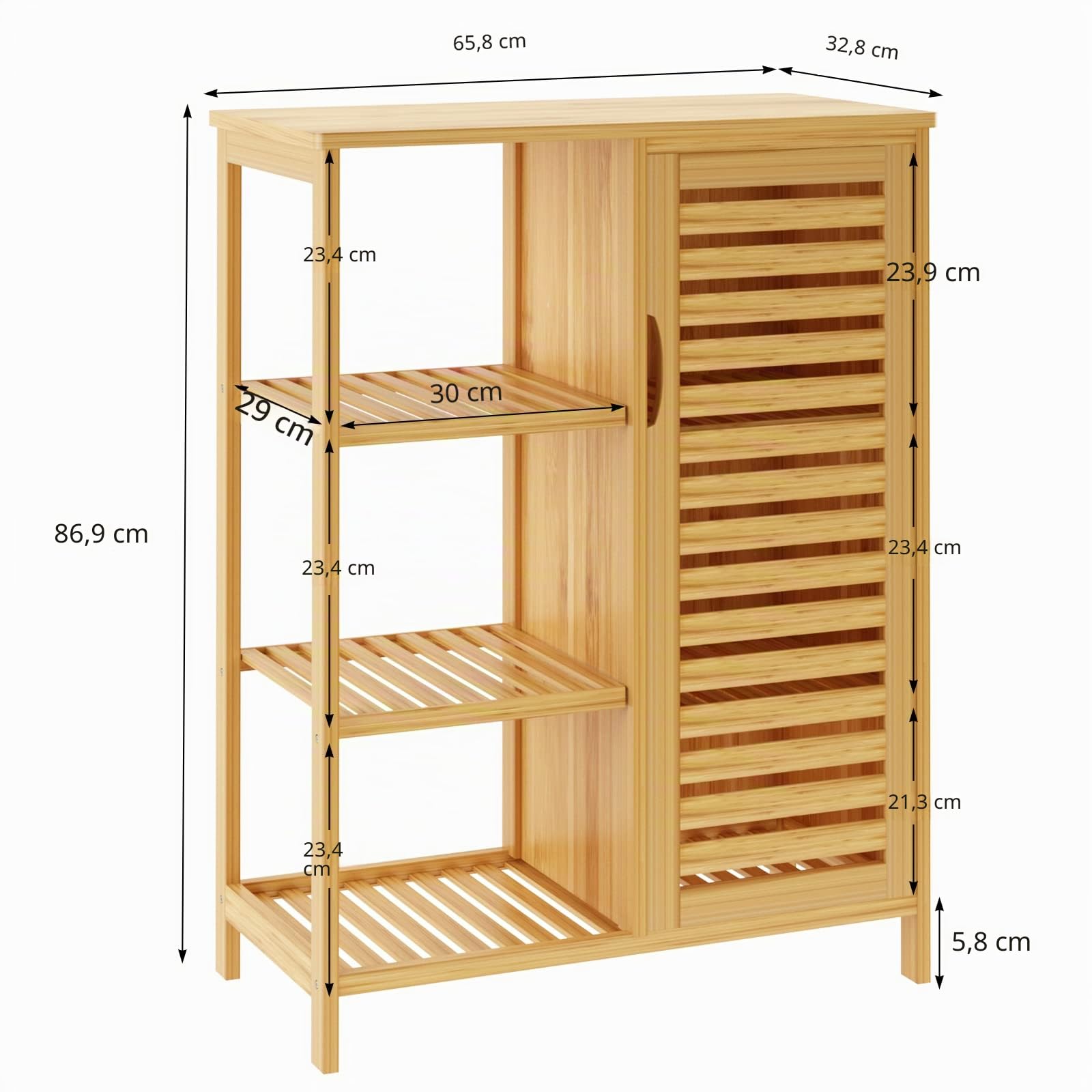 soges Armario de almacenamiento de baño con puerta y estantes, organizador de armario de almacenamiento, gabinete de bambú de 3 niveles para cocina, sala de estar, baño