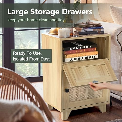 Miniatura 5 de Juego de 2 mesitas de noche mesa auxiliar con puertas decoradas de ratán hechas a mano mesa auxiliar moderna con cajón de almacenamiento de ratán y