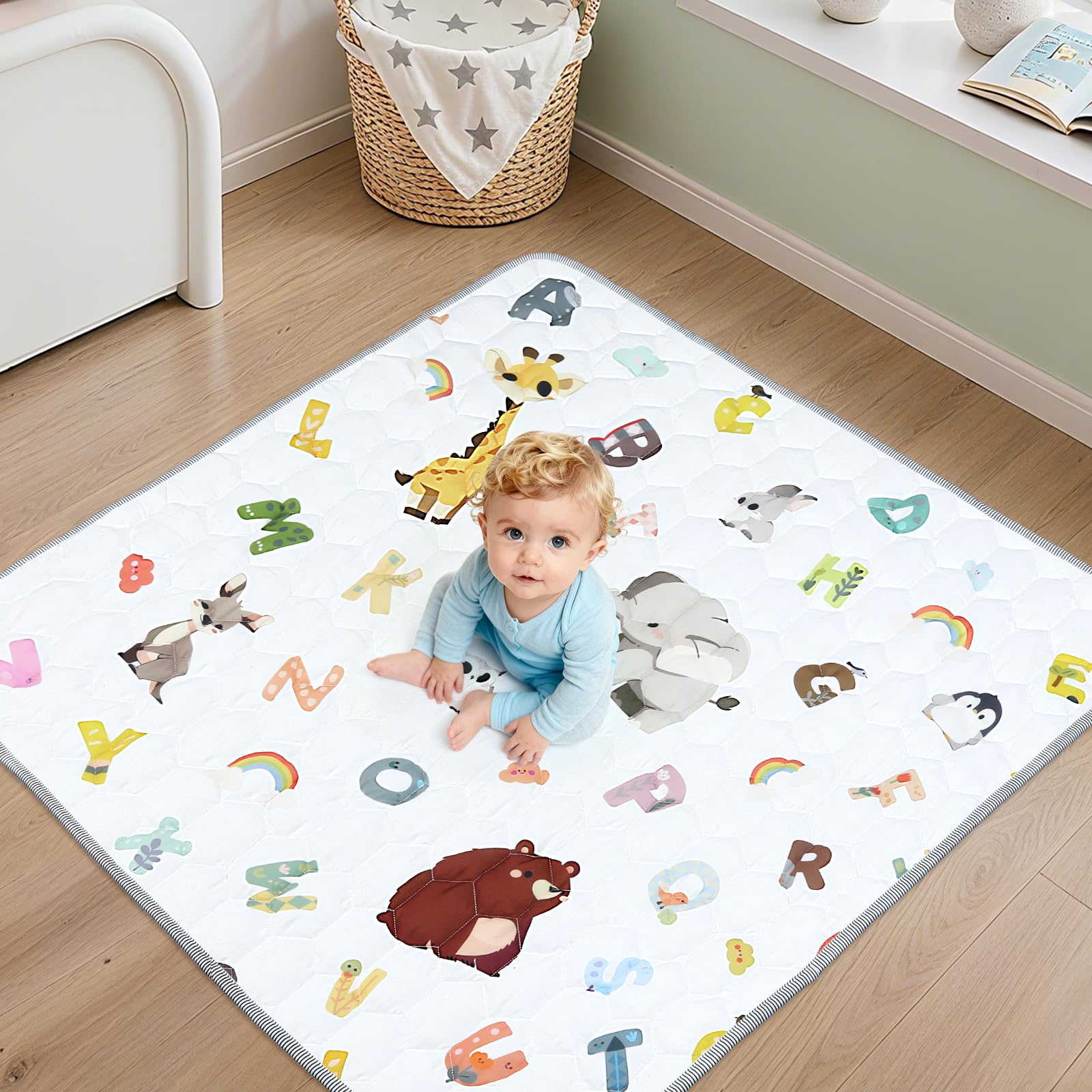 FUNYKICH Alfombra Bebe Acolchada Plegable 120x120cm, Alfombra Juego Bebe Gruesa y Antideslizante, Portátil y Lavable a Máquina, para Corralitos Bebé, Carpas Infantiles, Picnics, etc