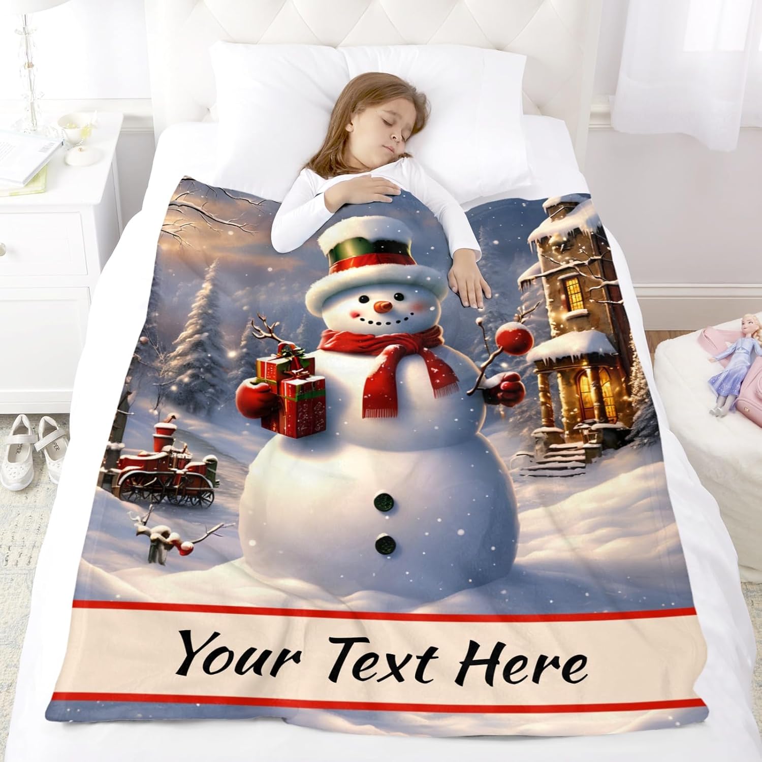 Christmas Blanket with Name, Customized Throw Blanket for Couch Sofa Bed, Soft Warm Fuzzy Cozy, Cute Snowman 40" x 50"