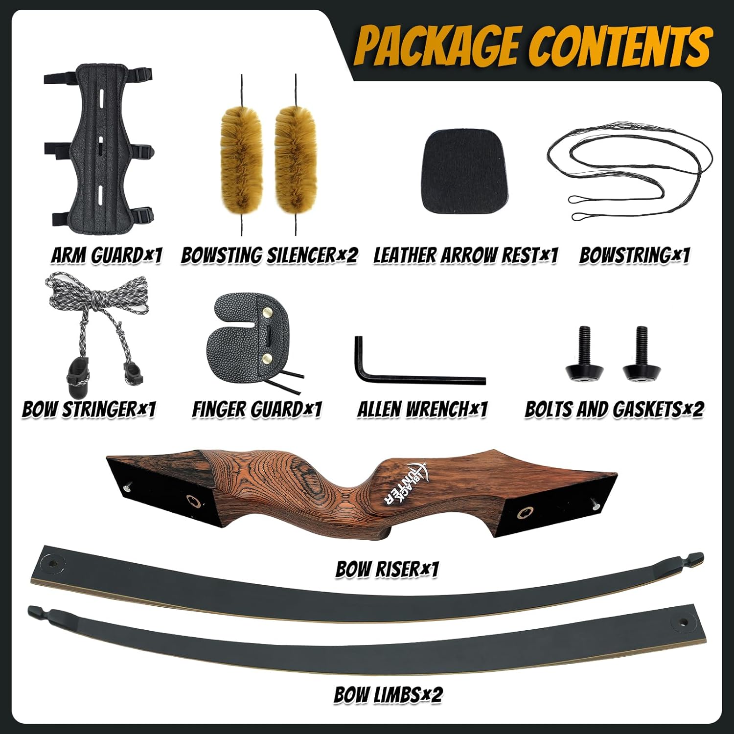 60'' Black Hunter Longbow Set for Adults 20-60lbs Takedown Wooden Longbow for Hunting Right Hand Bow Kit for Shooting Target