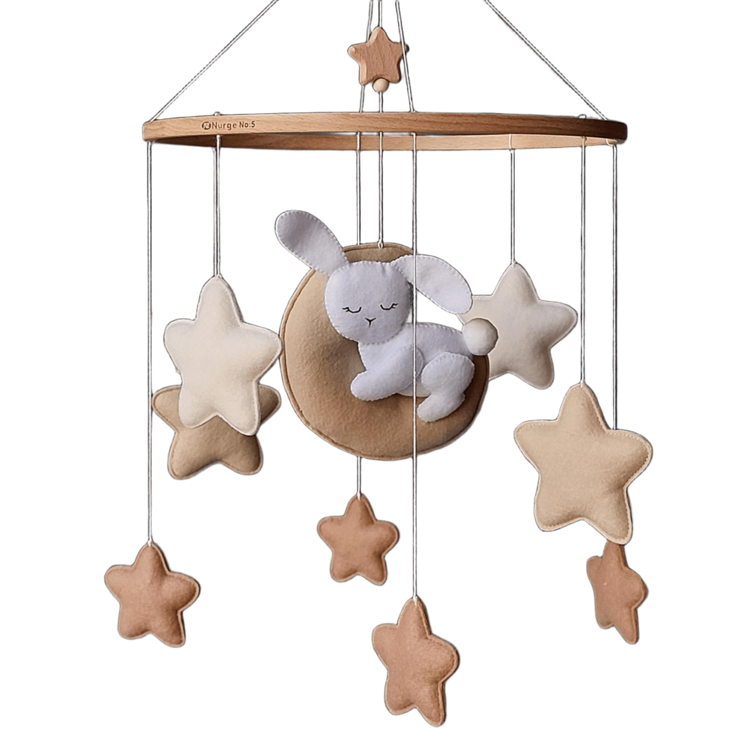 Baby Mobile Hase – Schlafender Hase auf Mond mit Filzsternen | Neutrale Babymobile für Jungen & Mädchen | Handgemachtes Kinderzimmer Deko | Geschenk zur Geburt