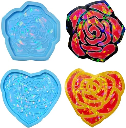 Xidmold 2 moldes de resina holográfica para posavasos de silicona, rosa y corazón, molde de fundición de resina epoxi para almohadilla de tazas,