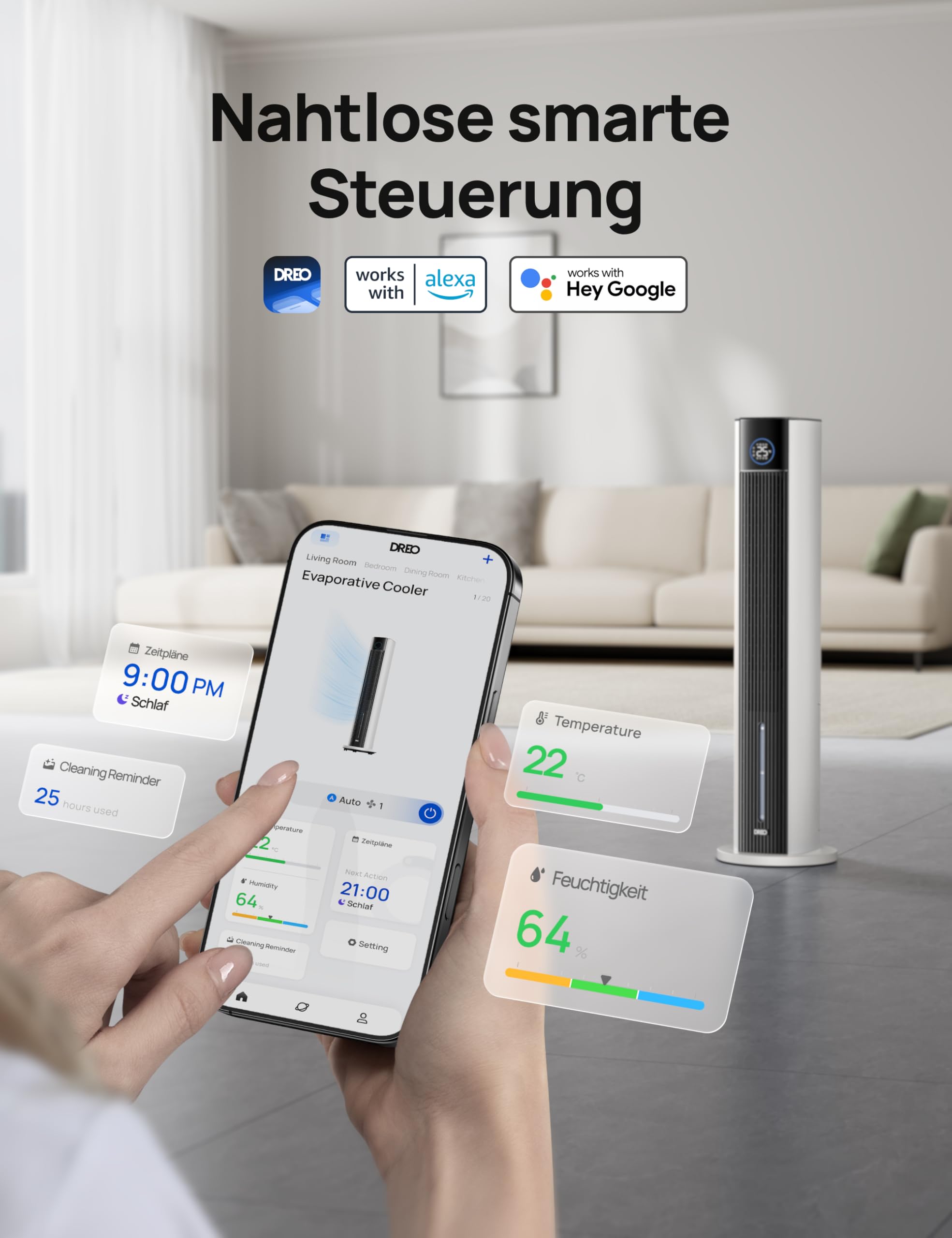 DREO Turmventilator mit Wasserkühlung, 110 cm Luftkühler mit Wasserkühlung Leise, 4-Geschwindigkeiten-4-Modi Verdunstungskühler, APP-Steuerung, Eisbeutel, 80° Oszillation, 12-Std. Timer, Weiß