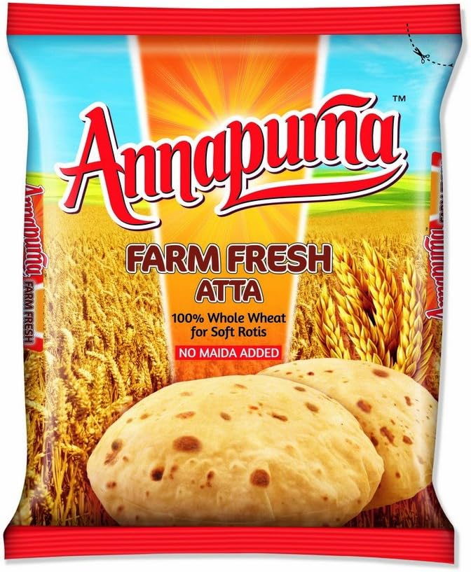 Annapurna Farm Fresh Whole Wheat Atta, 100% Whole Wheat for Soft Rotis, No Maida Added / 2 Kg.