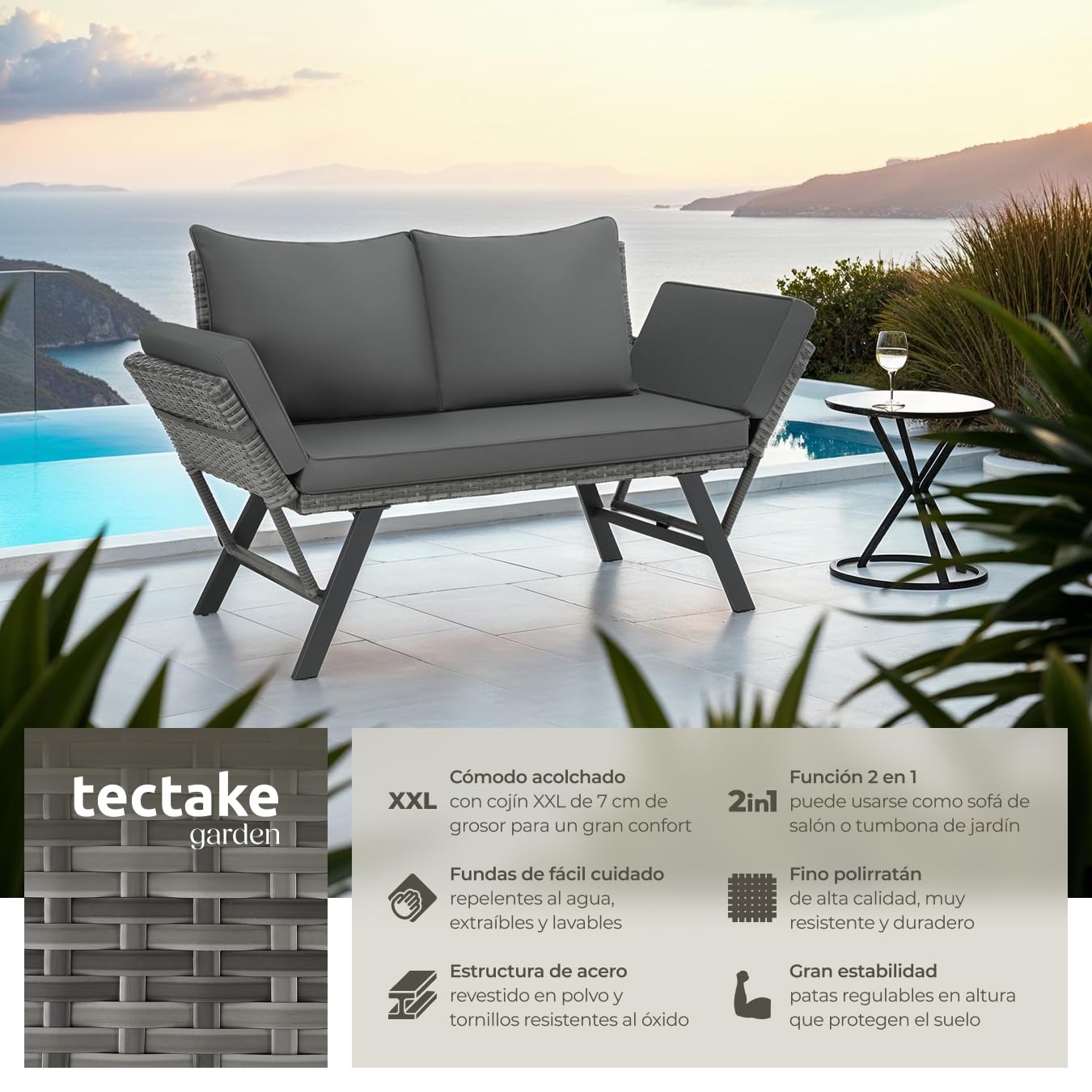 tectake® Salón de Jardín Exterior 2en1 Sofá 2 Plazas Tumbona de Sol de Resina Trenzada, Banco de Jardín con Cojines Incluidos, Muebles para Acondicionamiento de Balcón, Terraza, Veranda, Casa