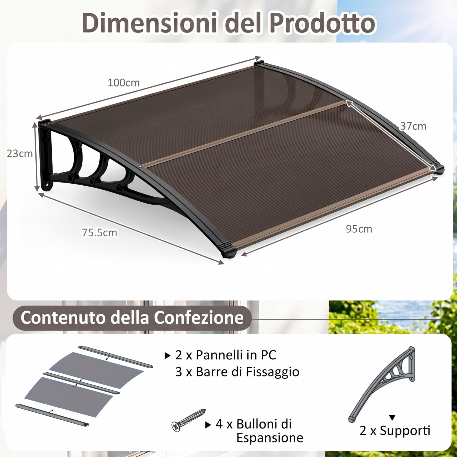 COSTWAY Pensilina Tettoia per Porta, Tettoia Parasole per Ingresso in Policarbonato, Robusta Barra di Fissaggio in Alluminio, Facile da Installare, per Finestra, Balcone, 100 x 75,5 x 23 cm (Marrone)