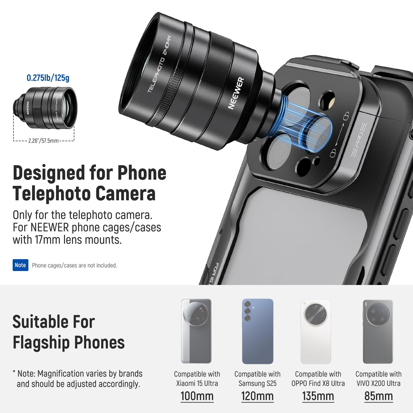NEEWER 2 x konwerter tylko do aparatu telefonu, teleobiektywu, telekonwerter 240 mm, 7 elementów w 5 grupach, gwint 17 mm, kompatybilny z klatką na telefon NEEWER iPhone Android, Samsung Xiaomi, LS-79