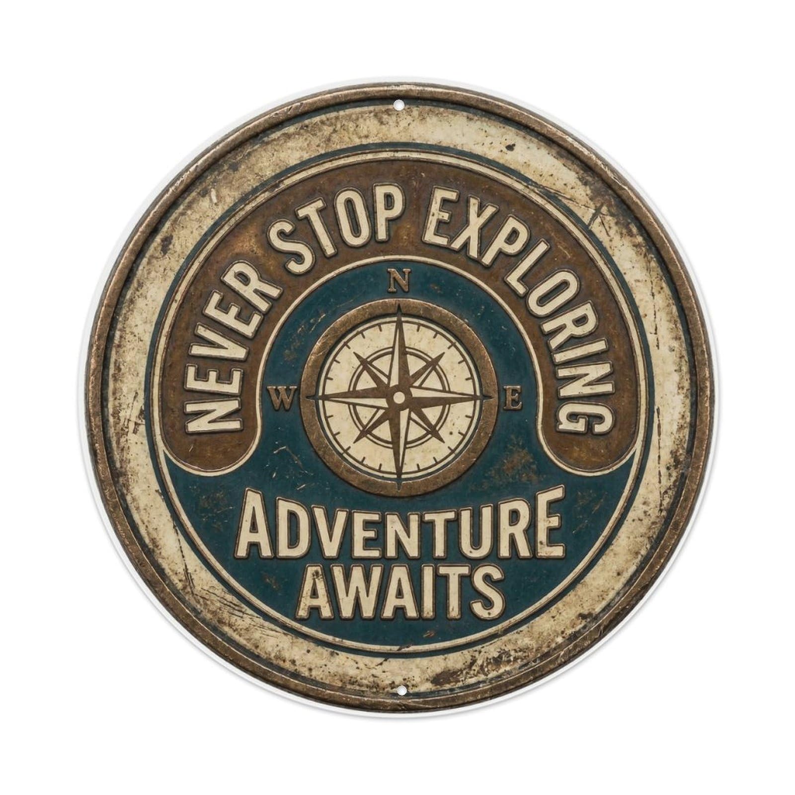 Never Stop Exploring Nostalgic Living Ornament Retro Slogans Metal Tin Sign Plaque Wall Decor for Cafe, Club Bar, Office, Home Garden Round Metal Poster 8x8Inch