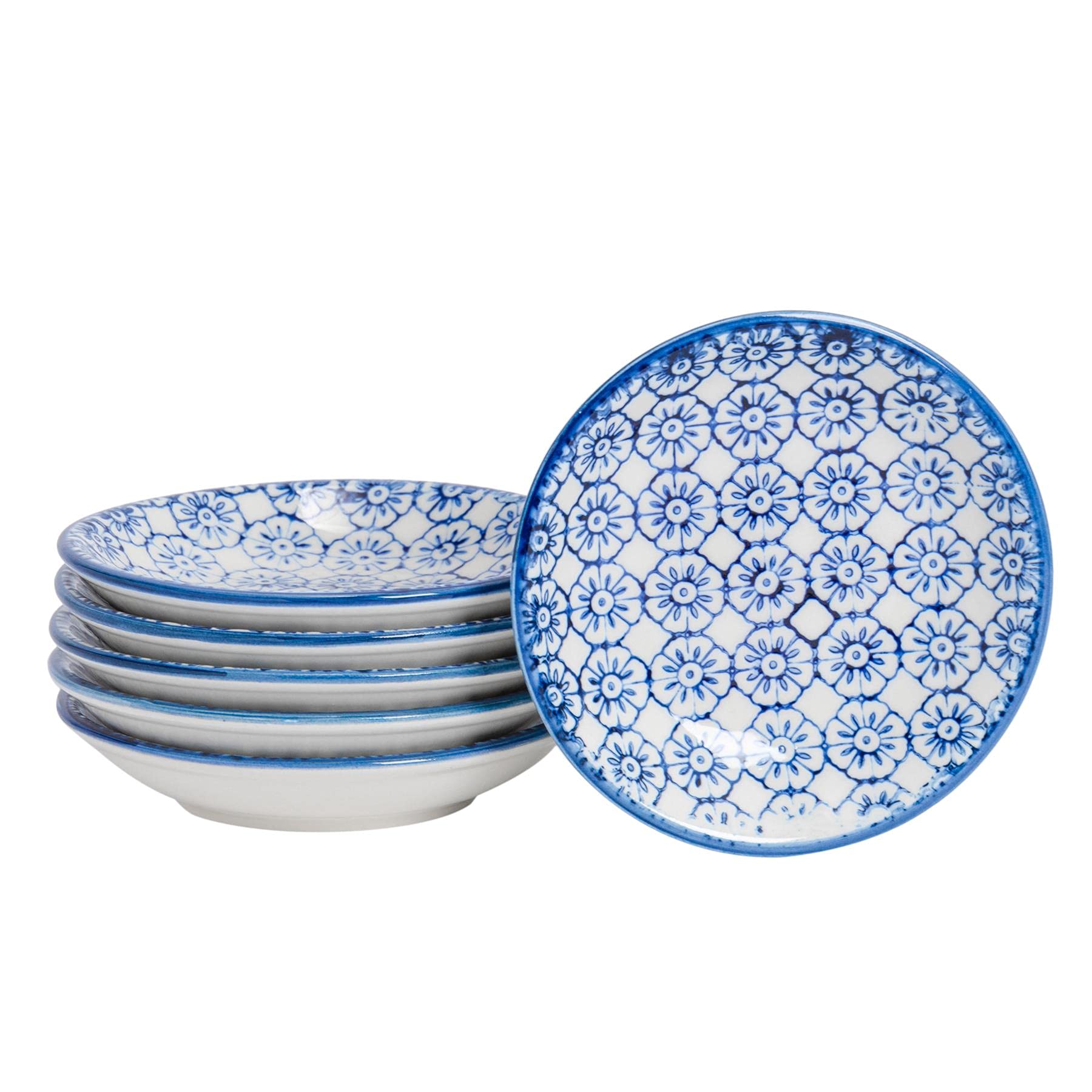 Nicola Spring Hand Printed Sauce Dishes - 10cm - Navy - Pack of 6 - Vintage Stoneware Dipping Bowls for Soy Sauce, Condiments, Chutney, Seasoning, Sushi, Tapas & Appetisers