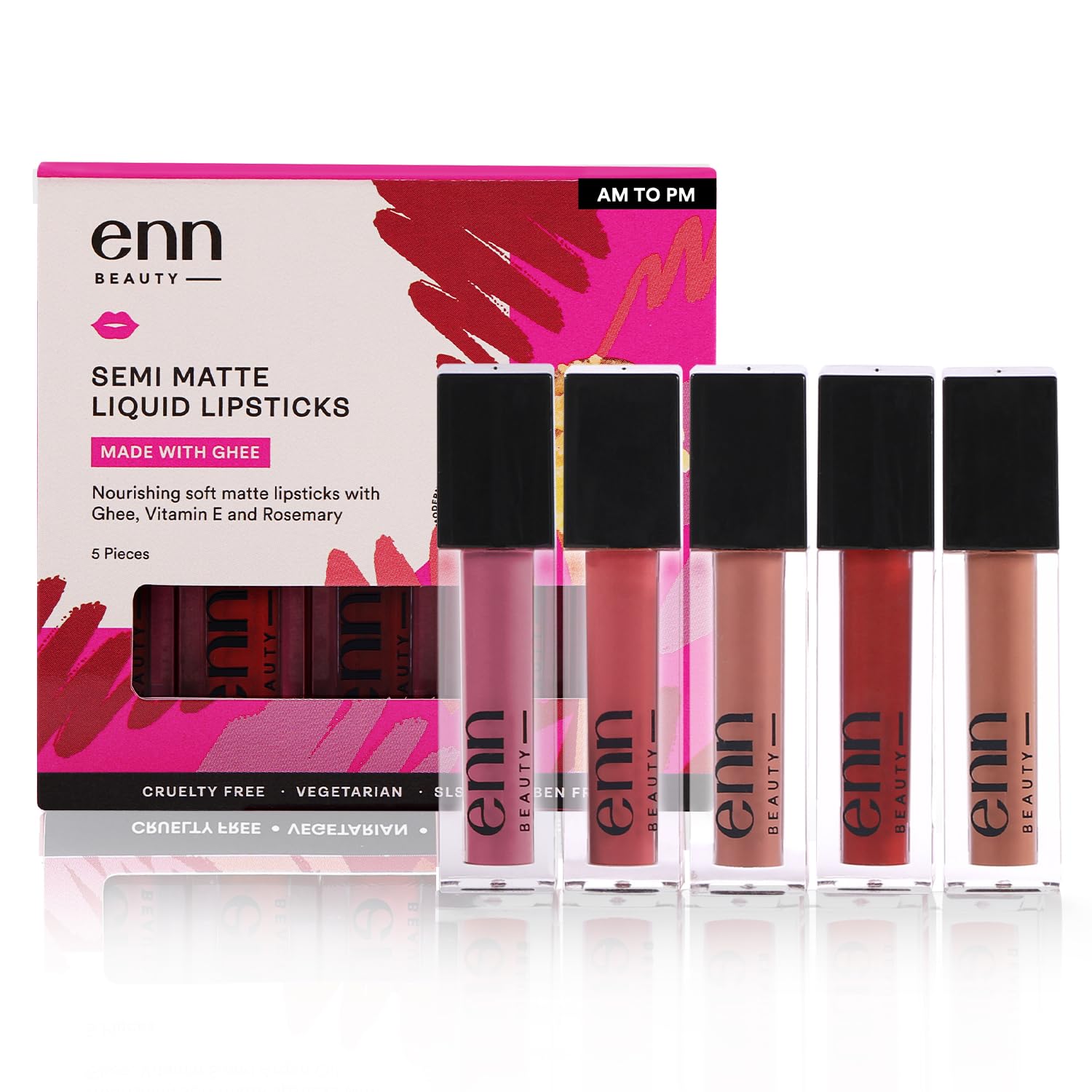 Enn Long Lasting Semi Matte Liquid Lipsticks with 12 Hour Coverage, Transferproof, Highly pigmented Goodness of Natural Ingredients with Intense Color Compact (Pack of 5)