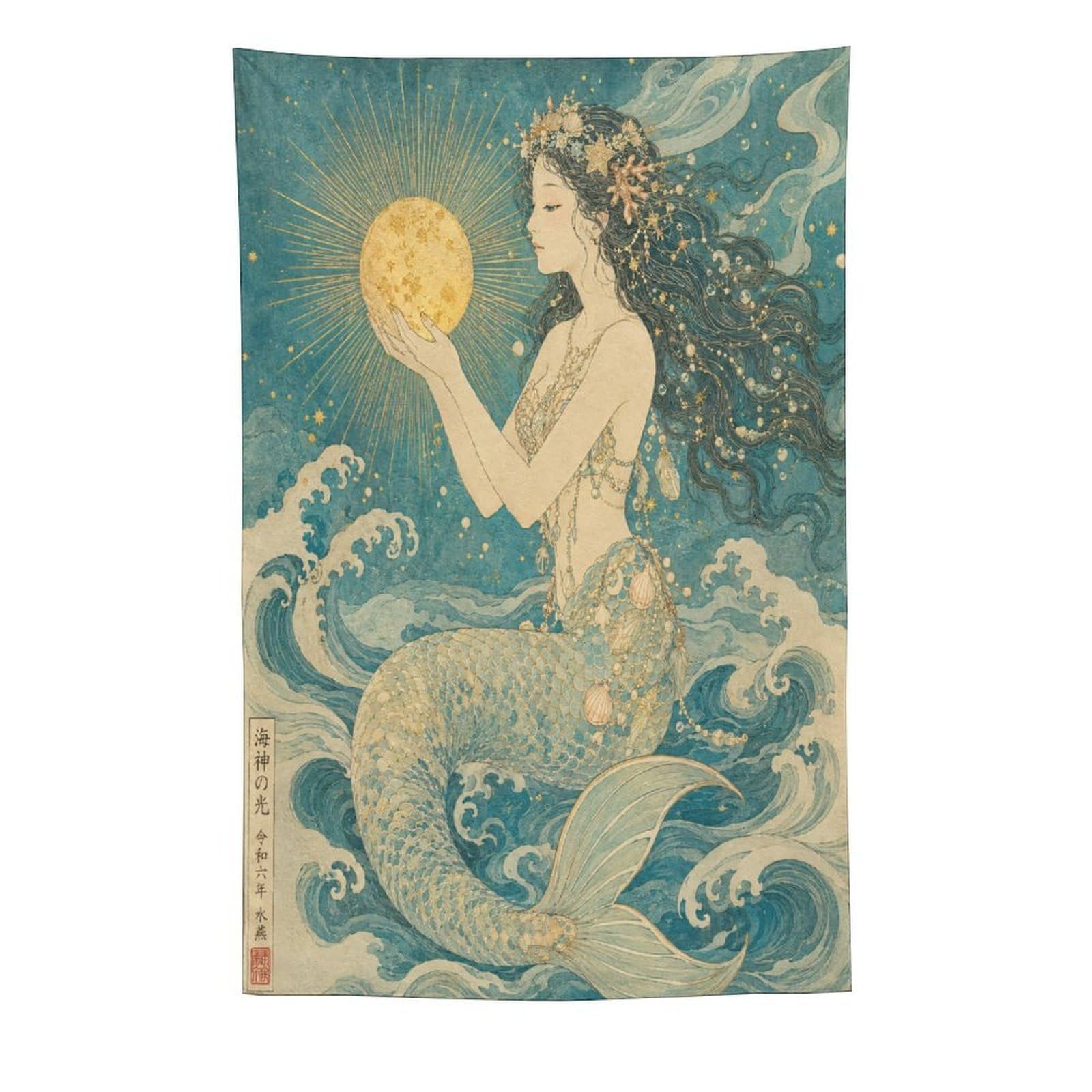 W7C8U2X3 Mermaid Holding Moon Wall Tapestry, Art Nouveau, Sofa Area