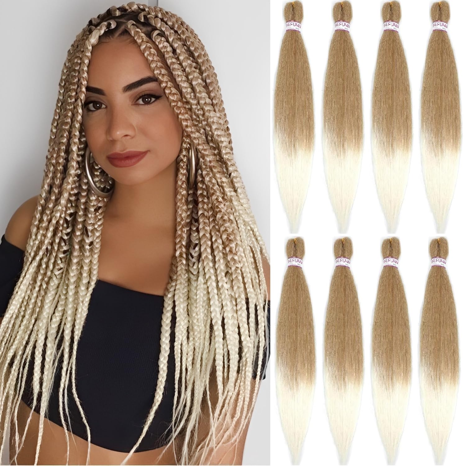 Pre stretched Braiding Hair Ombre Prestretched Braiding Hair Befunny Two Tone Honey Blonde To White 8 Packs 24 Inch Synthetic Crochet Hair For Human