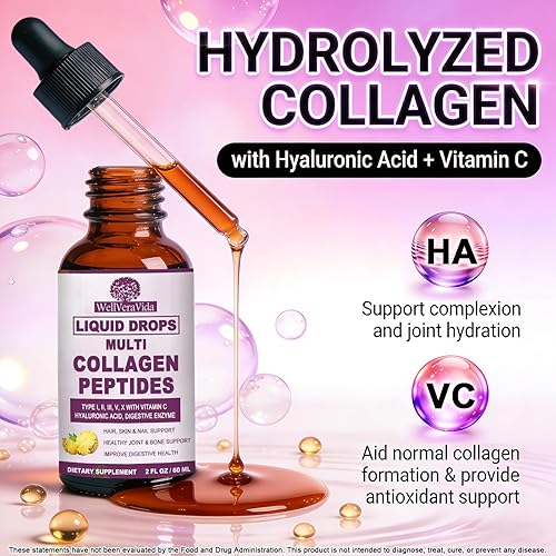 Miniatura 4 de Gotas líquidas de péptidos de colágeno múltiple, 2 onzas Tipos I, II, III, V, X, Complejo de colágeno hidrolizado para cabello, piel, uñas, huesos