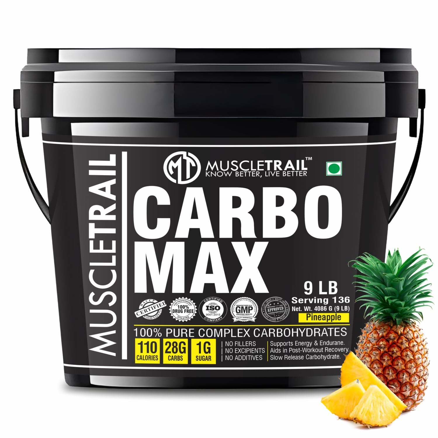 Muscle Trail Carbo Max | 28g Carbs | 4kg (Pineapple) Lean muscle mass | Weight gainer | 110 Calories | 1g Sugar | Complex Carbohydrates for gain | Post Workout Recovery (B0B5YBGY38) Amazon Price History, Amazon Price Tracker