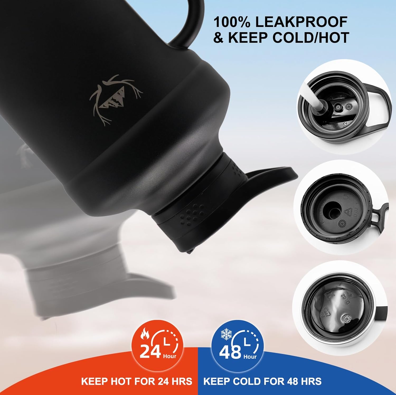 NATURE PIONEOR 64oz Insulated Water Bottle with Handle,Stainless Steel Half Gallon Water Bottle with Straw,Metal Large Tumbler Jug with Holder Carrier，Keep Cold Hot - Image 5