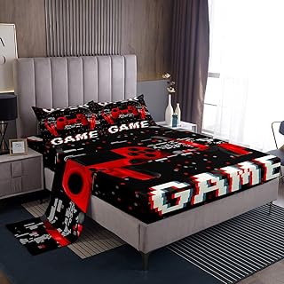 Gaming Headset Bed Sheets Teens Video Games Fitted Sheet 3D Headphones Gamepad Sheet Set, Kids Boys Music Themed Top Sheet Gaming Controller Flat Sheet Gamer Room Decor Twin Size, Red Black