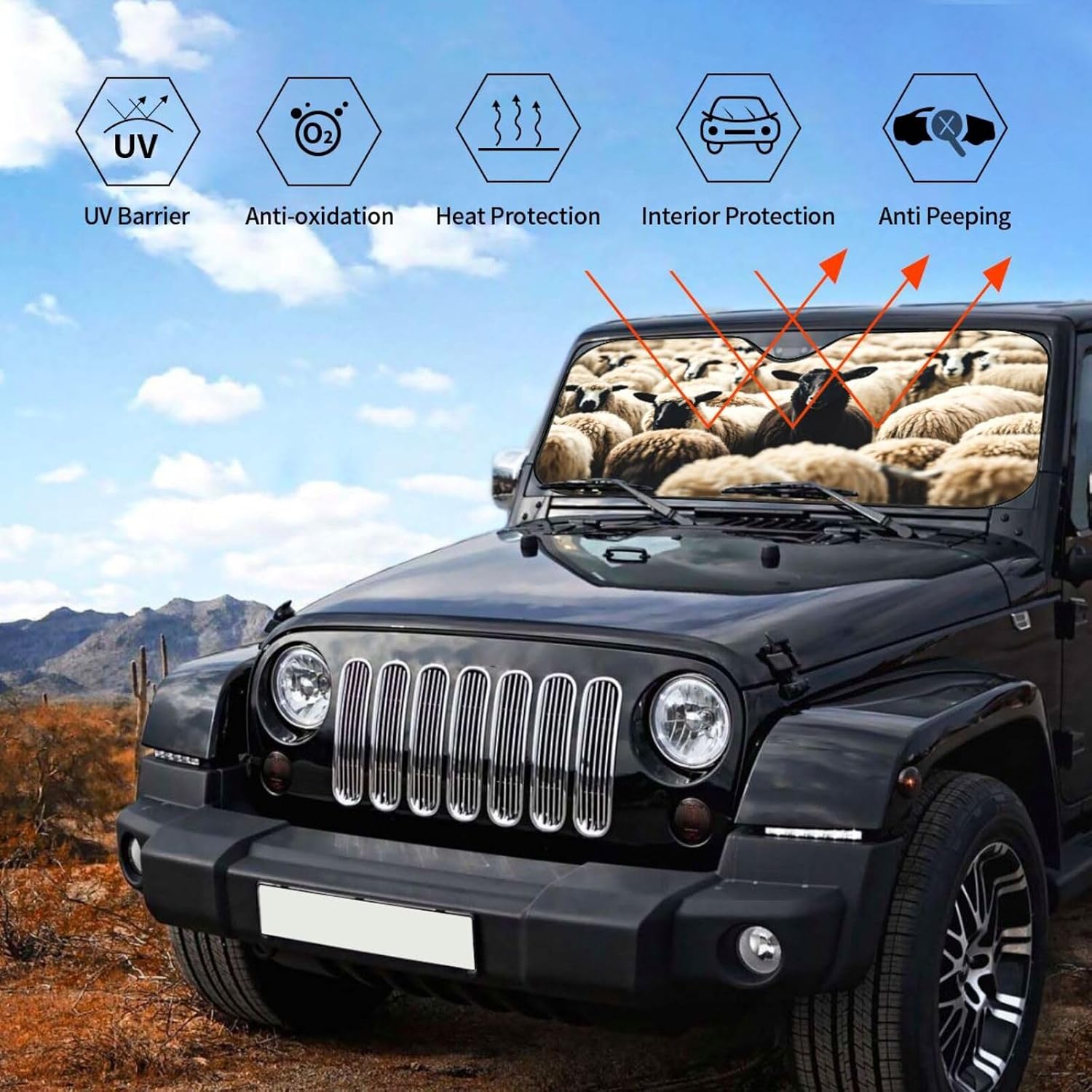 Sheep and Lambs Print Car Windshield Sunshade Sun Shade Foldable 51 X 27.5 Inches 55 X 29.9 Inches for Car SUV Truck