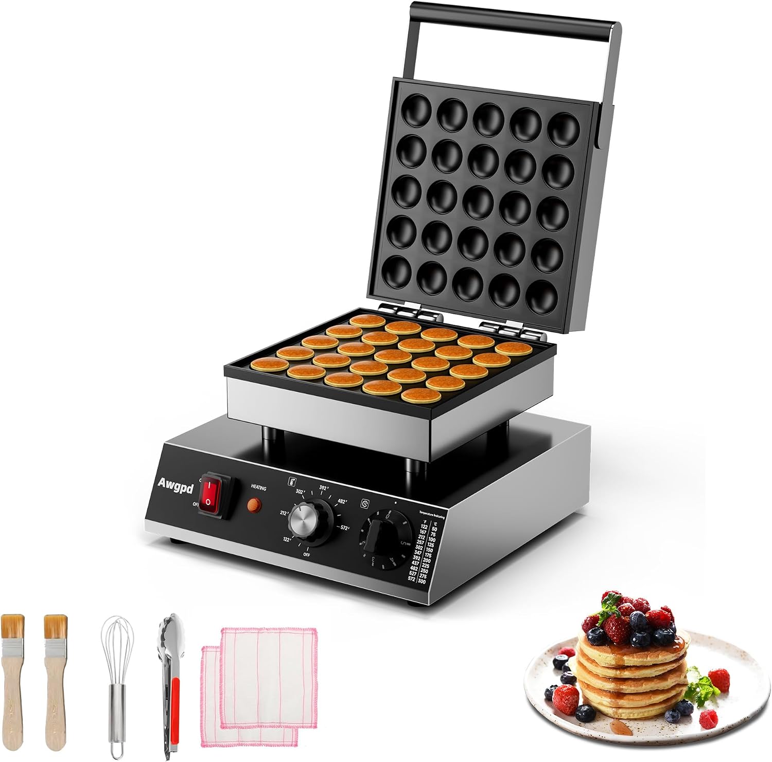Mini Dutch Pancake Maker, 25PCS 43mm Diameter Dutch Muffin Waffle Baker, 1700W Commercial Electric Poffertjes Grill, Non-stick Stainless Steel, Temp & Time Control, Pancake Machine for Restaurant