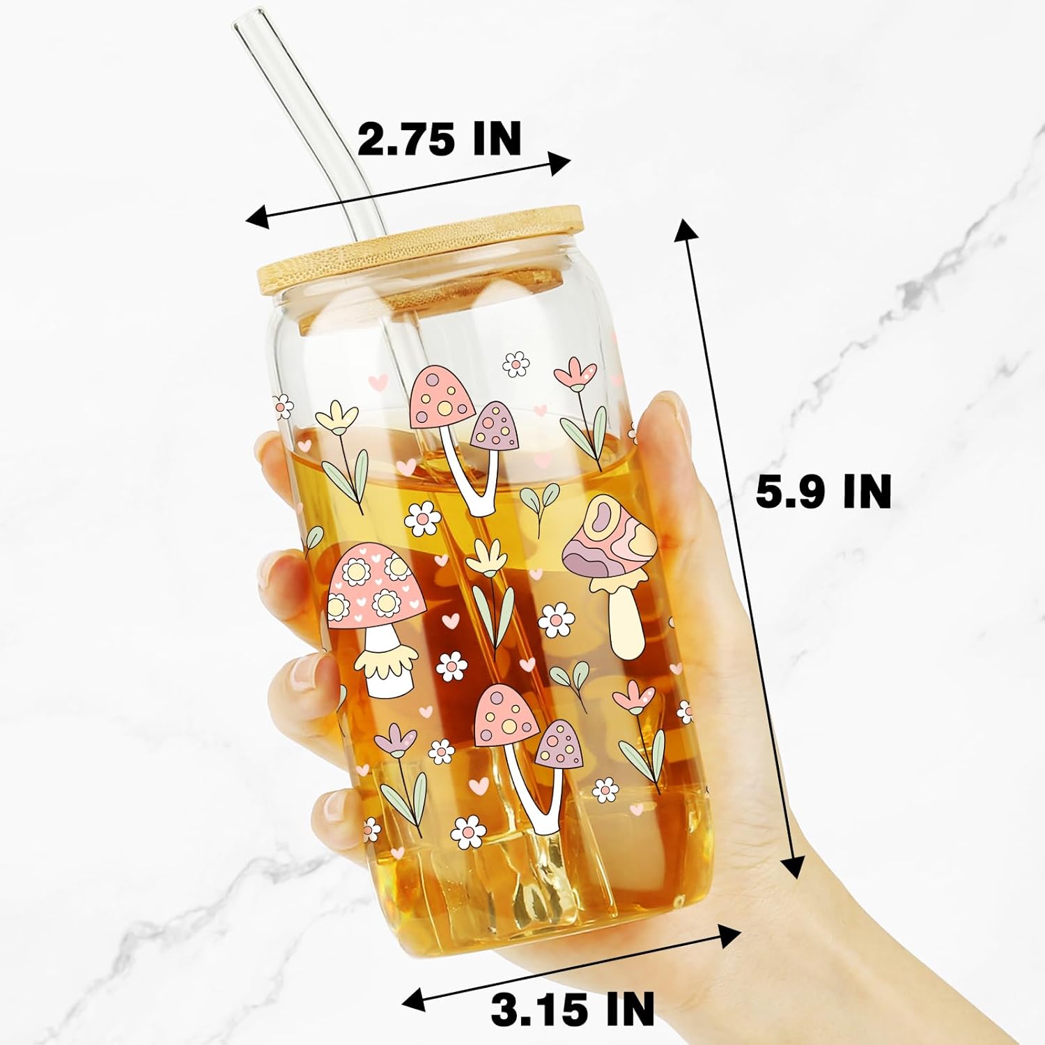 Mushroom Glass Cup with Bamboo Lids Straws, Christmas Gifts, 16oz Retro Hippie Tumbler, Fungi Themed Tumbler Stuff, Iced Coffee Cup, Mushroom Gift for Women, Birthday Gifts for Sister, BFF - Image 3