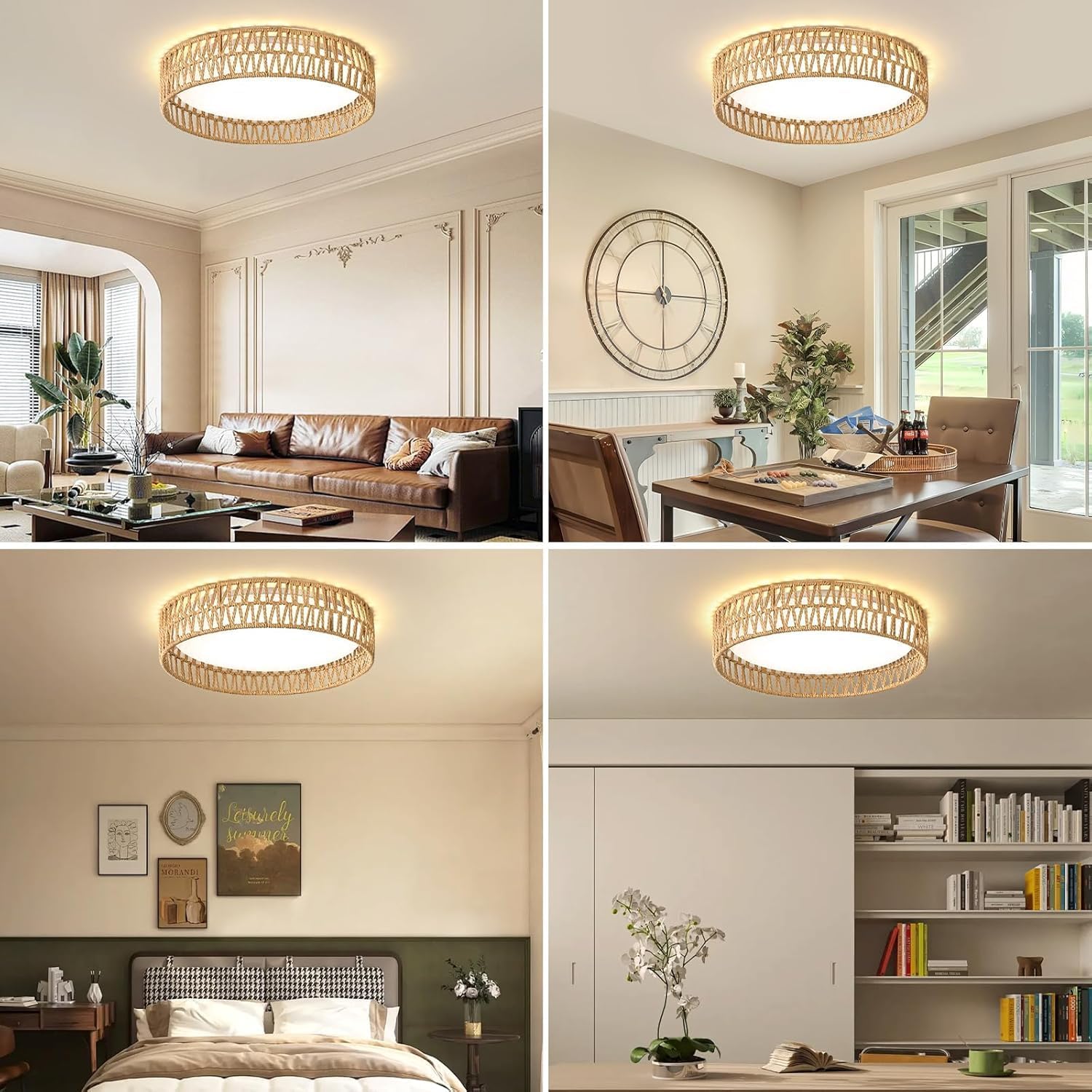 LED Rattan Flush Mount Ceiling Light Fixture, Boho Light Fixtures Ceiling 16.9 inch, 24W Dimmable Rattan Ceiling Light 5CCT 3000K-6000K for Hallway Bedroom Kitchen Entryway Living Room