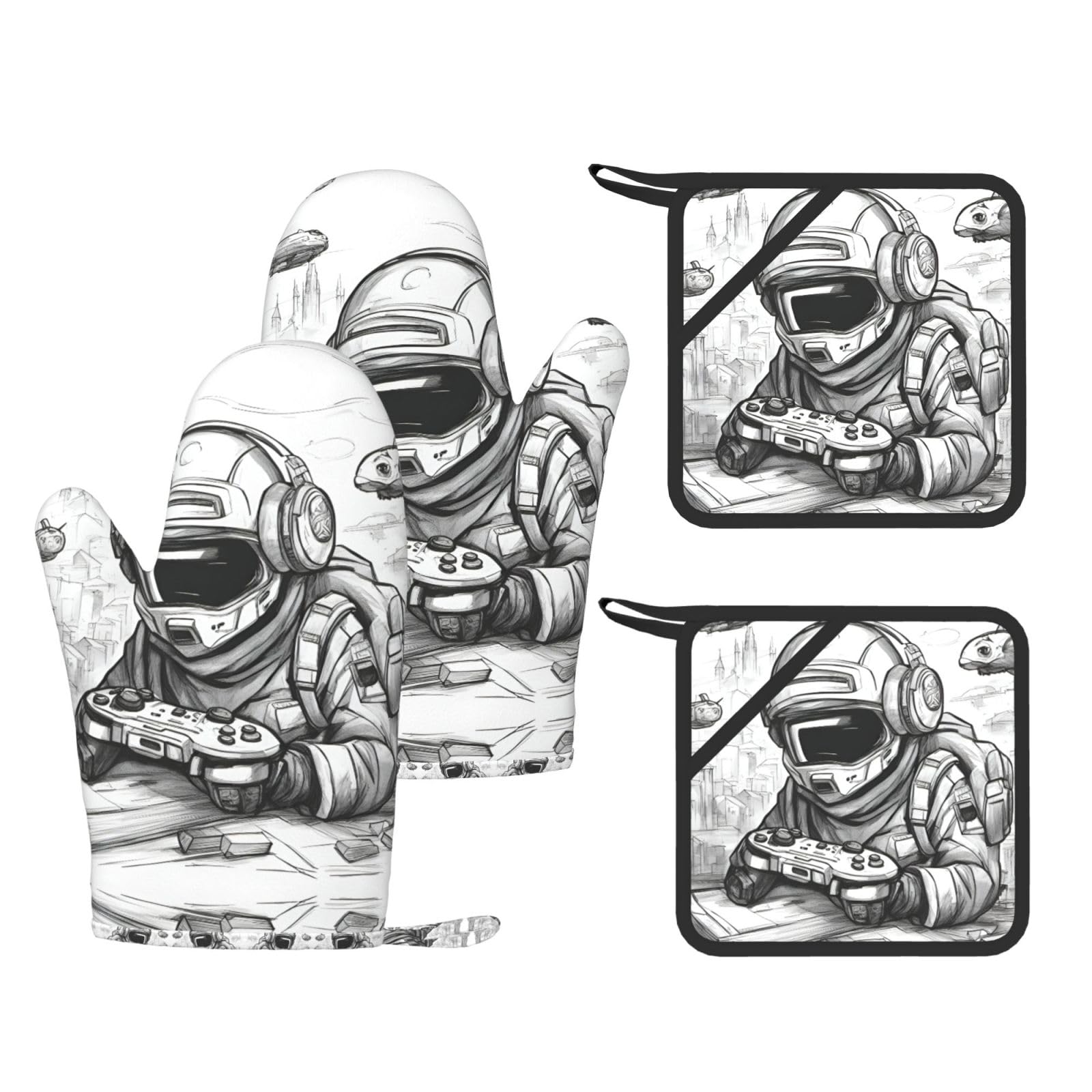 Lot de 4 maniques silicone avec doigts imprimés de jeu gant cuisine anti-brûlure