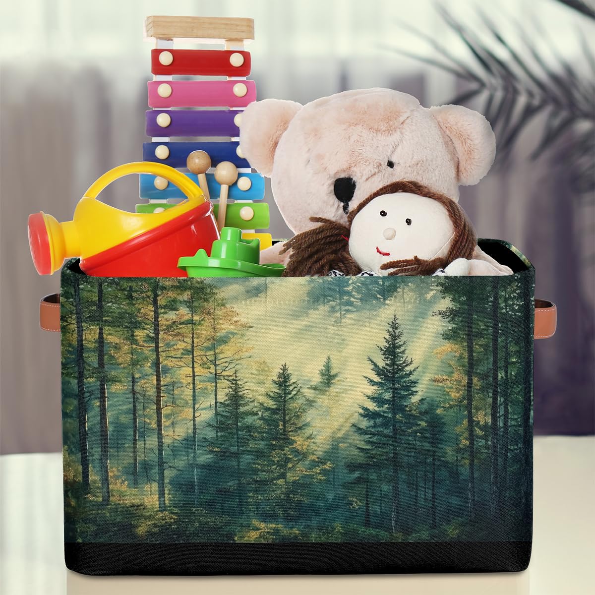 Mexpekil Cesta de almacenamiento plegable con vista al árbol del bosque, caja de almacenamiento de juguetes para niños, organizador de tela para estantes, cesta de regalo grande con asas, 2 piezas