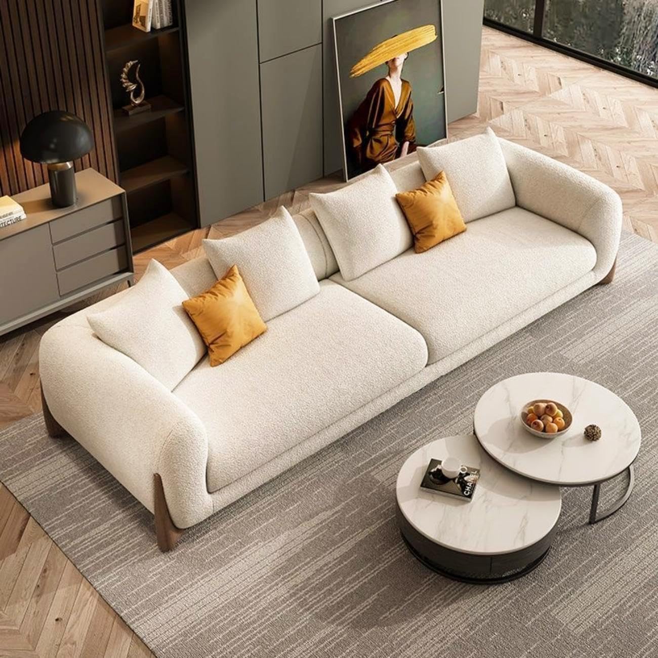 Antique Wood Hub - Modern Sofa Chesterfield Design with Stylish Wooden Legs Bouncy Teddy Fabric Off-White Finish Sofa for Living Room, Bedroom, Hallways (3 Seater)-image-8