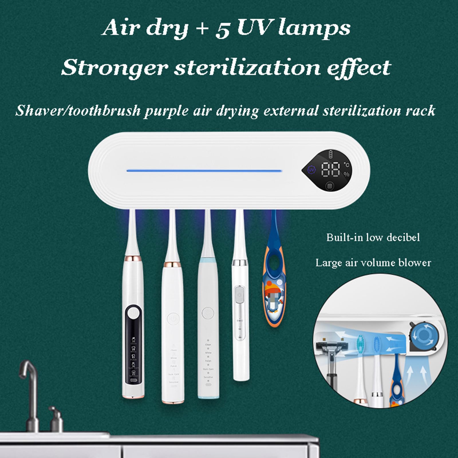 Soporte inteligente para cepillo de dientes, caja esterilizadora de cepillo de dientes UV, pantalla LED, soporte de desinfección montado en la pared sin perforaciones