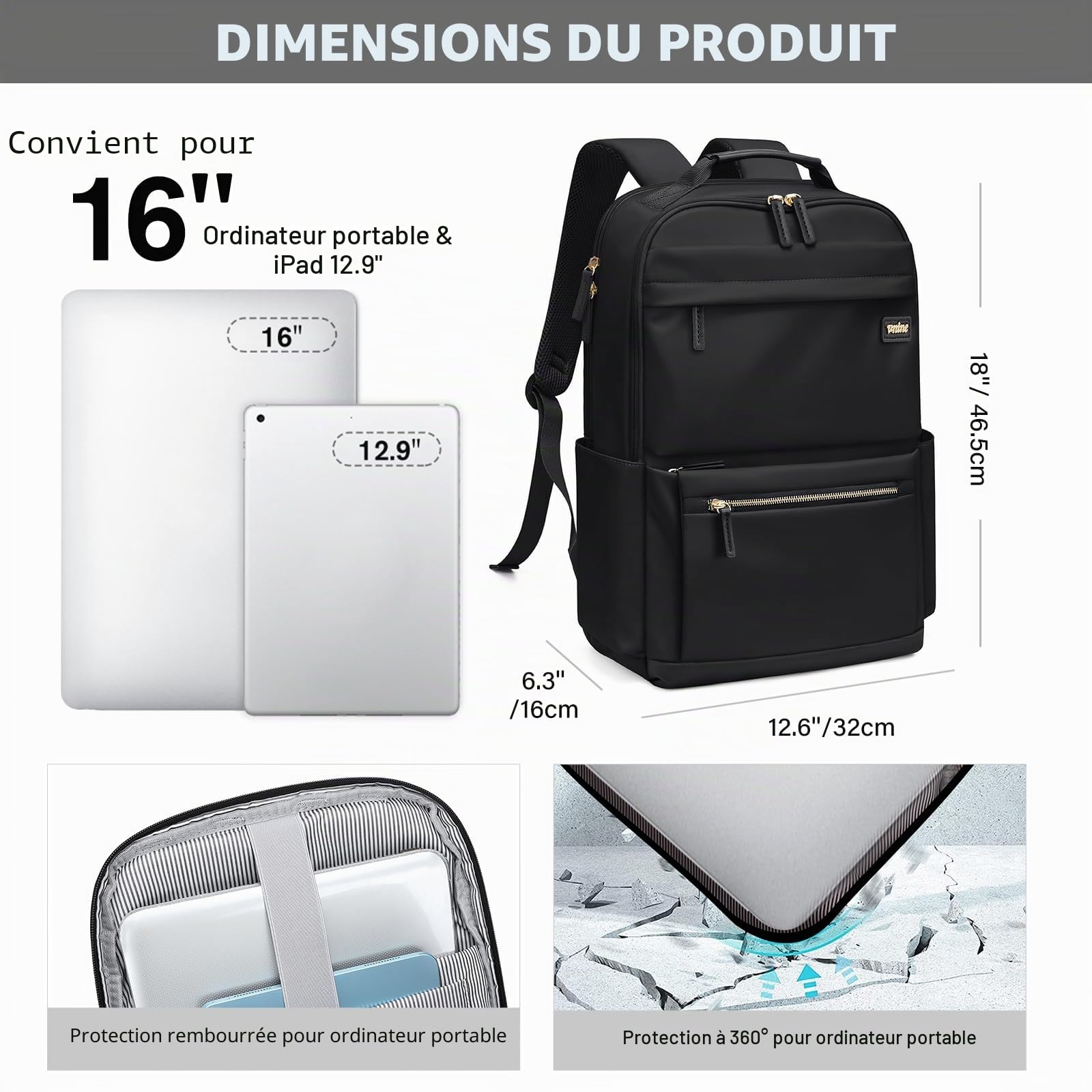 VNINE Sac a Dos Femme,15,6 Pouces Imperméable Sacs à Dos pour Ordinateur Portable pour Collège Voyage Loisir Travail Affaire