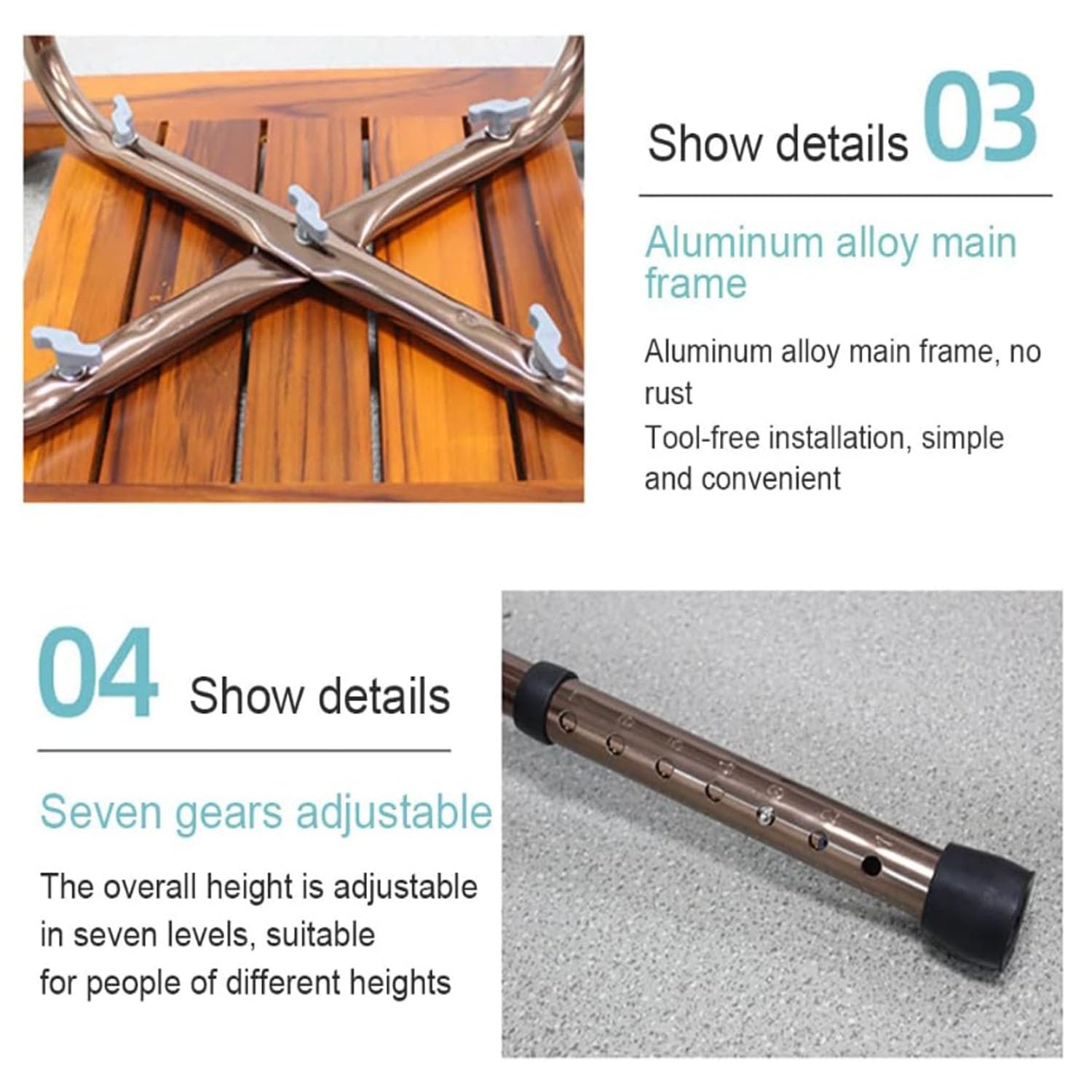 Taburete de Ducha de Teca con Reposabrazos, Regulable Asiento de Ducha de Aluminio, Antideslizante hasta 136kg, para Ancianos, Personas con Movilidad Reducida, Mujeres Embarazadas, Baño