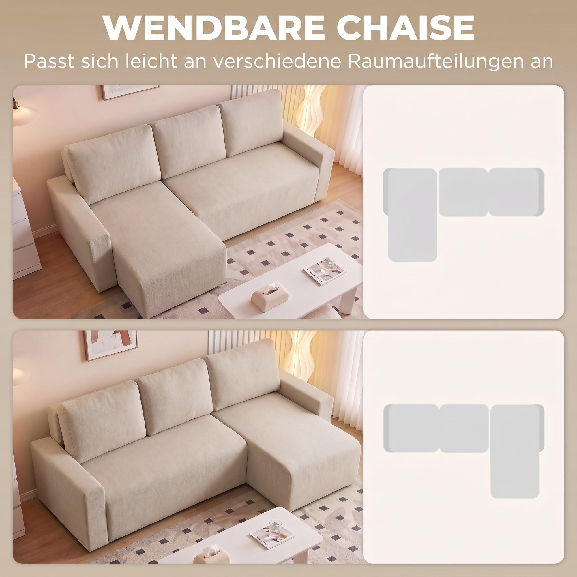 HOMCOM Ecksofa L-Form mit Schlaffunktion Umkehrbarer Chaiselongue Beige | 3-Sitzer Sofa, 2-in-1 Schlafsofa, Veloursbezug, Schlafcouch für Wohnzimmer, Hergestellt in der EU