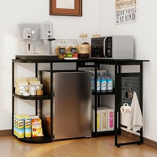 PUNCIA Corner Bar Cabinet with Mini Fridge Space, Modern Coffee Bar Station with Power Outlet and Pull-Out Work Surface, Mini Fridge Stand with Storage for Break Room, Dorm, Home Bar and Kitchen