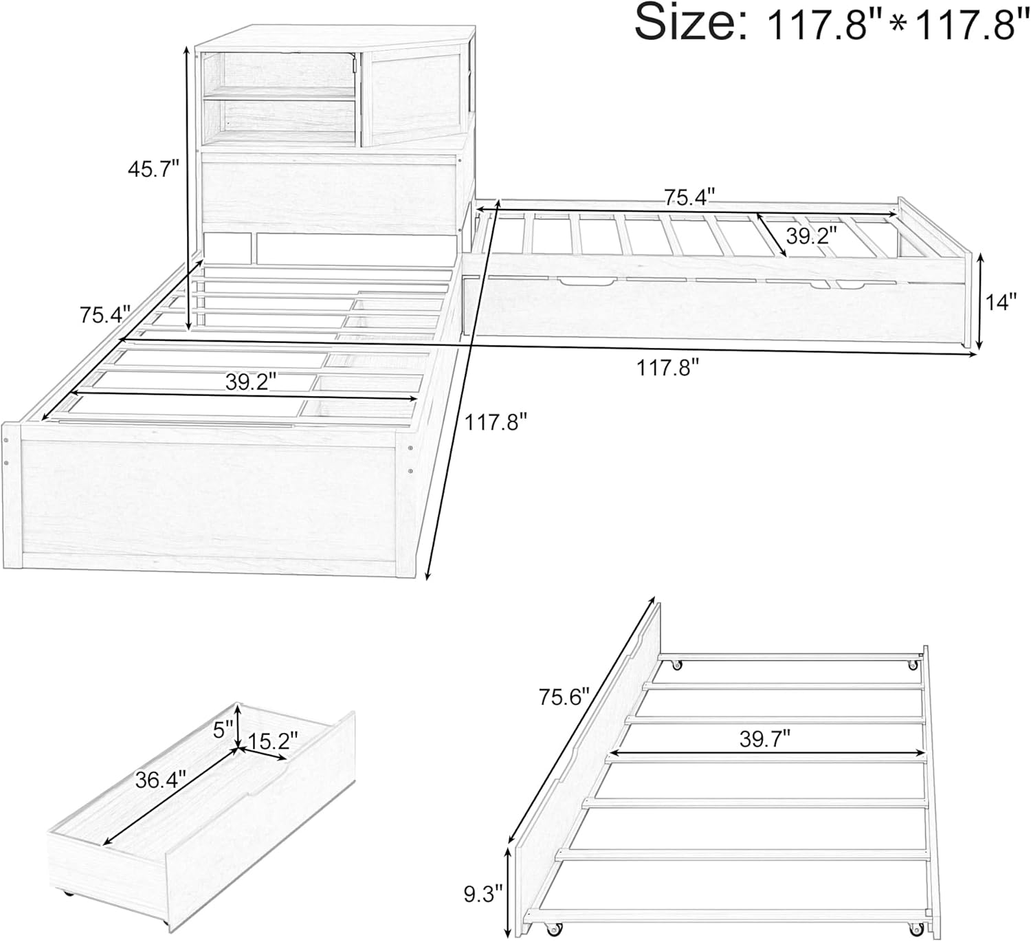 Harper & Bright Designs Twin Size Daybed with Drawers and Trundle, L-Shaped Combination Twin Bed, 3-in-1 Low Corner Platform Bed Linked with Built-in Desk and Led Downlight, Natural