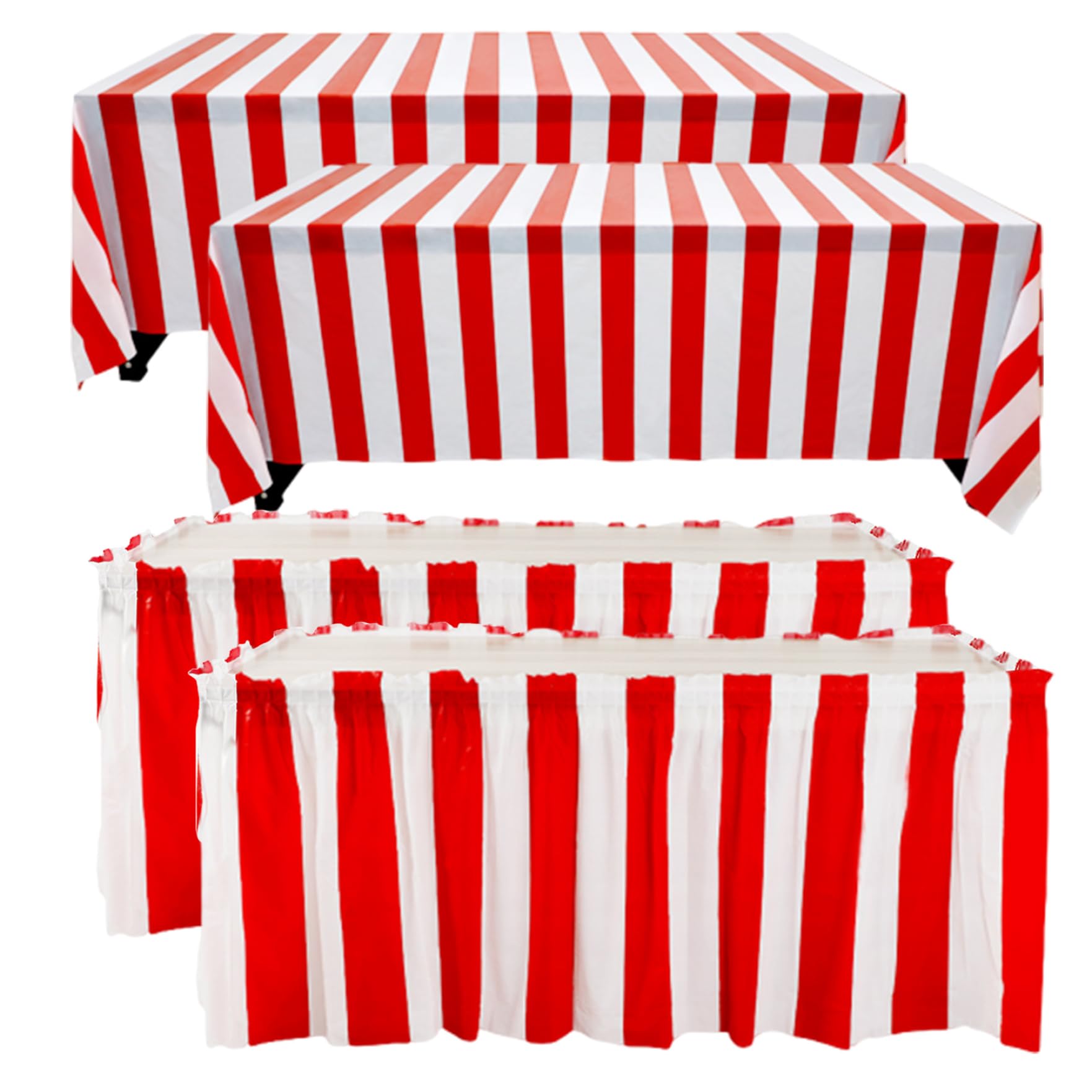 Carnival Table Cloths 4PCS/Set Red White Striped Carnival Table Skirt 4x9ft.＆14x2ft. Waterproof Circus Theme Party Decorations for Circus Party, Movie Night, Kid's Birthday, Picnic Christams Decor