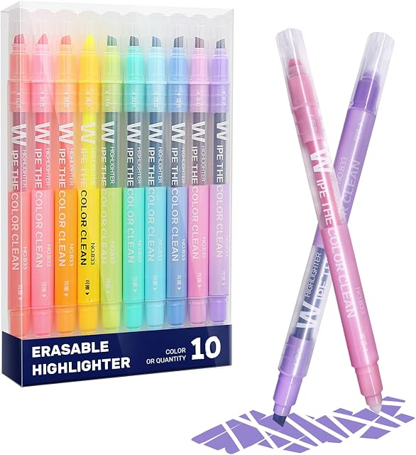 Erasable Highlighters Assorted Colors, Wide and Fine Tips Friction Highlighters, Pastel Marker Set for Highlighting in Student Office Classroom (10 Colors)