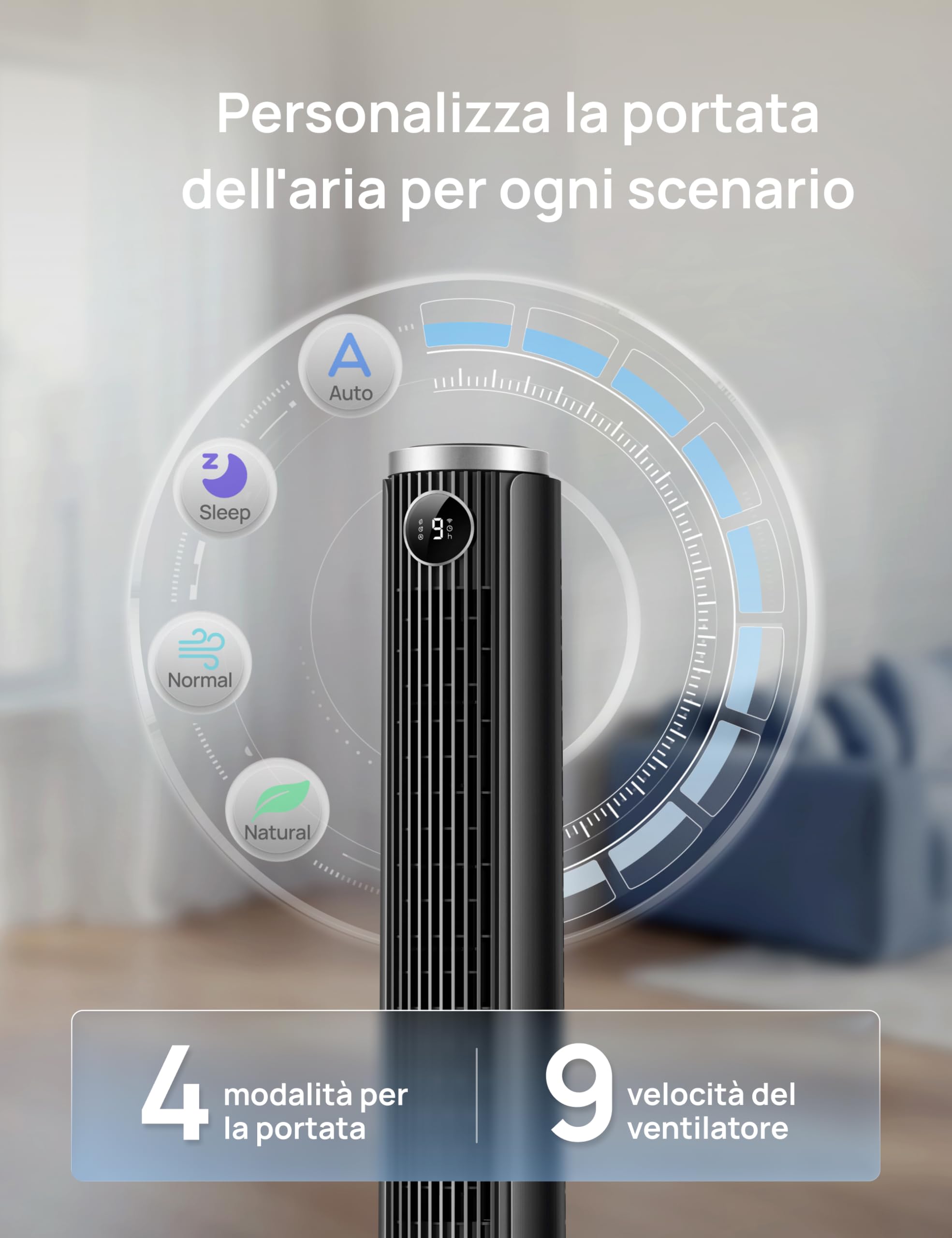 DREO Ventilatore a Torre Smart 554S, Ventilatore a Torre Regolabile 102–114cm per Camera, 8.4 m/s, Oscillazione 90°, Silenzioso 20 dB Dormire, 9 Velocità, 4 Modalità, Timer 12 h per Casa e Ufficio
