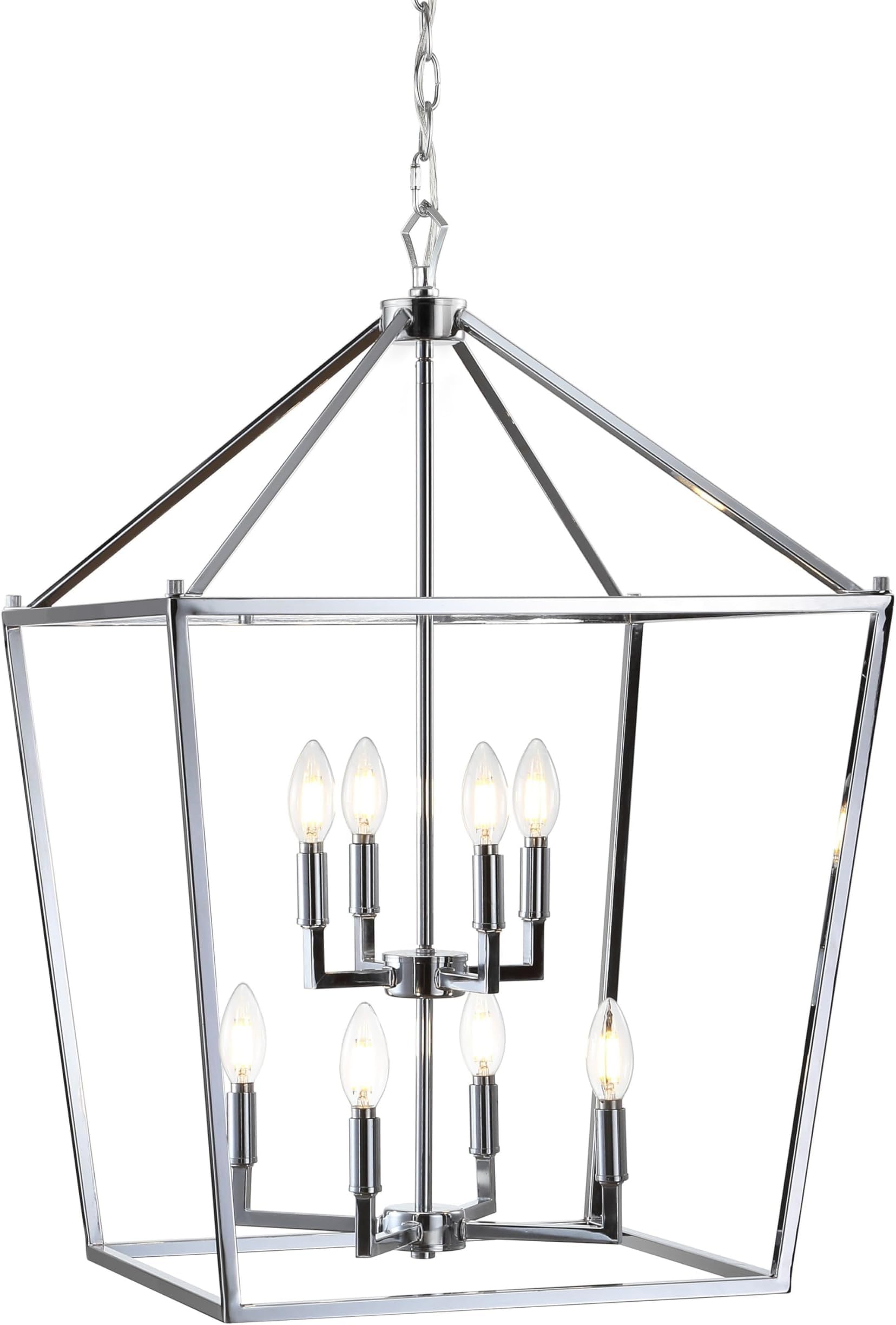 20" Chrome Lantern Pendant Light, 1-Light Pagoda Style Metal Cage Farmhouse Hanging Ceiling Fixture for Kitchen Island, LED Bulb Included (JYL7438C)