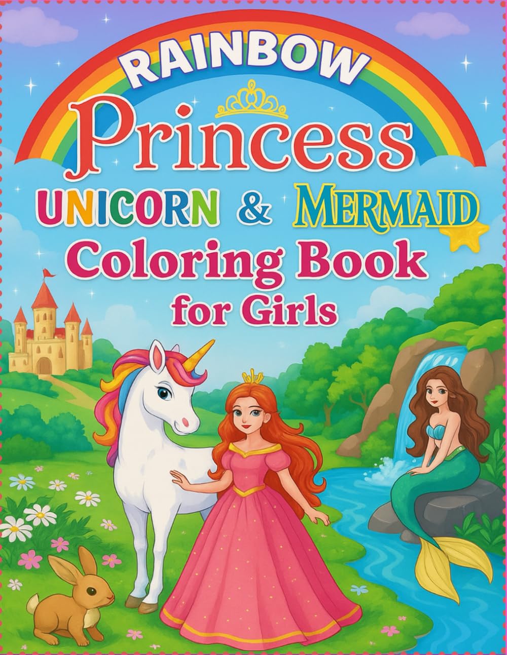 Rainbow Princess, Unicorn & Mermaid Coloring Book for Girls: 60 Magical Pages of Princesses, Unicorns & Mermaids to Spark Creativity in Kids Ages 4-8